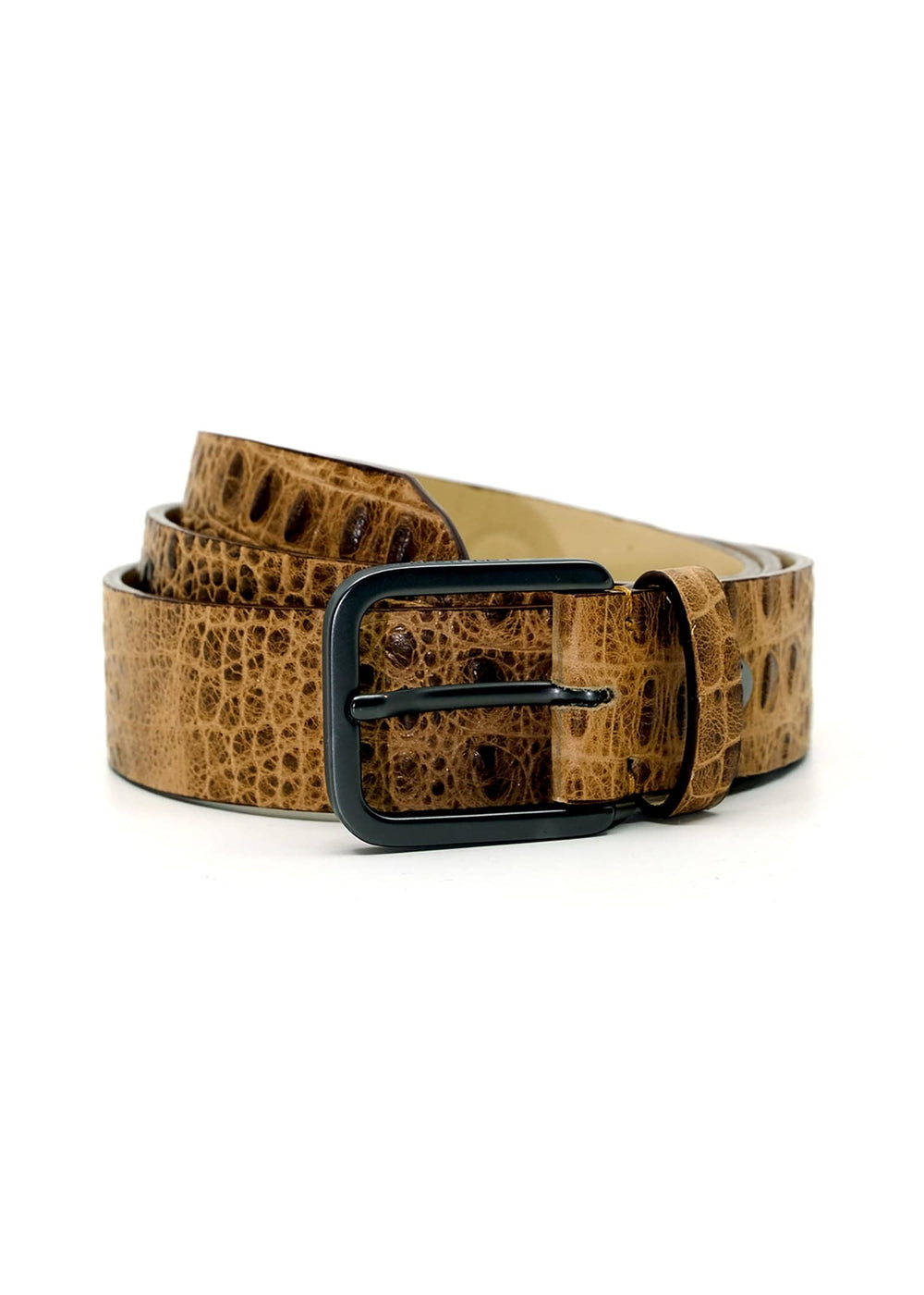 Coiled Desert Sand Mississippi Belt in tan alligator-embossed leather with a matte black buckle.