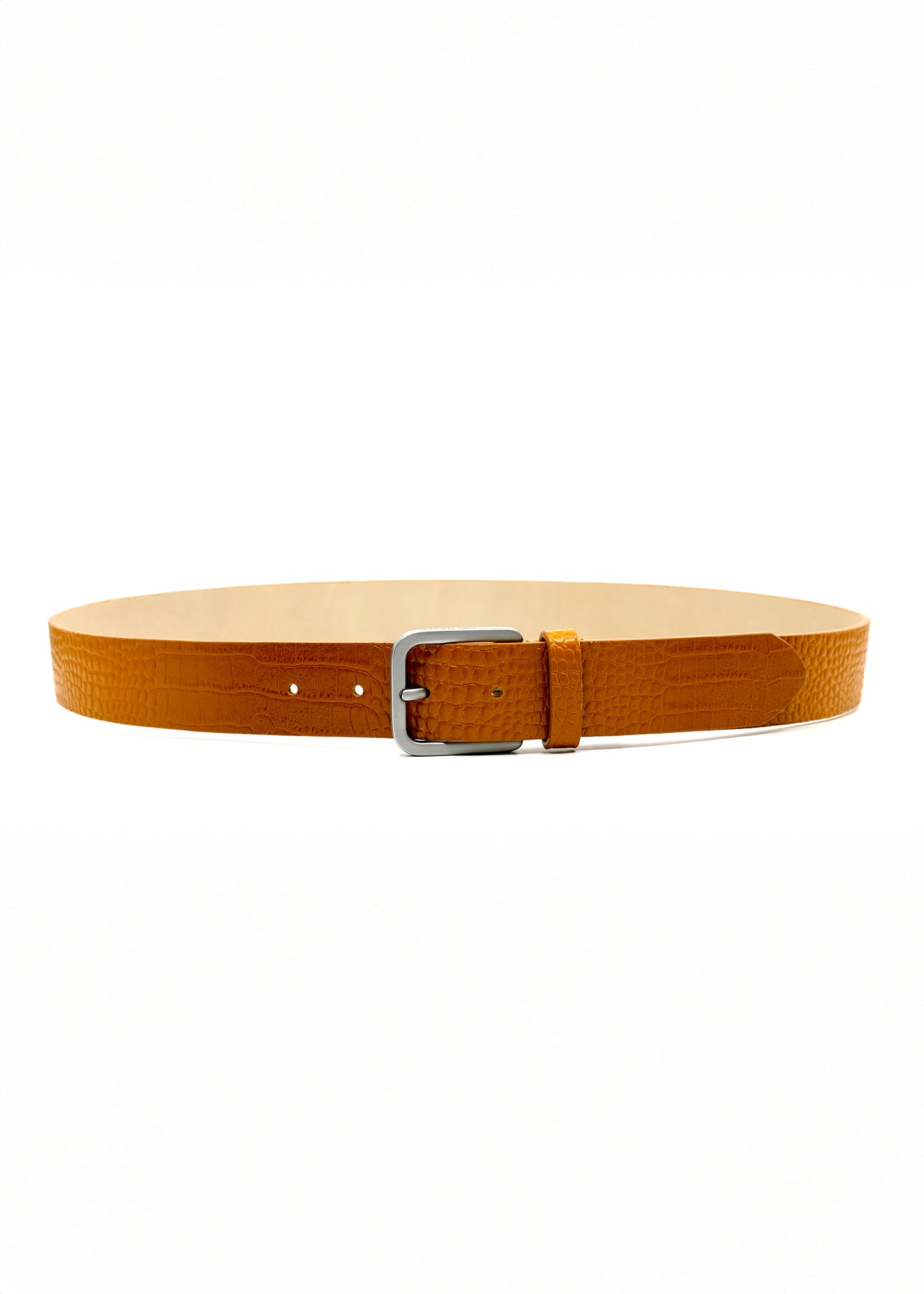 Horizontal view of the yellow alligator-embossed Mississippi Belt with a silver metal buckle and light-colored interior.