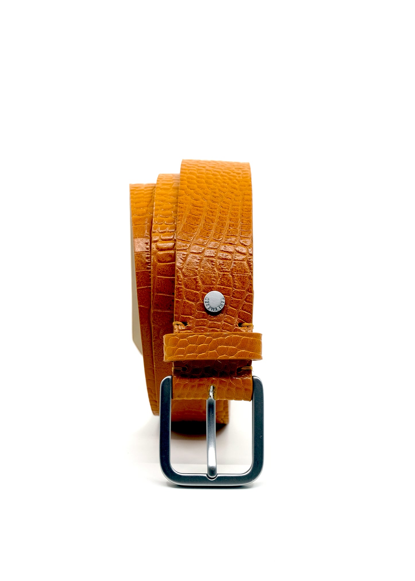 Vertical profile of coiled yellow Mississippi Belt featuring alligator-embossed leather and a silver buckle.