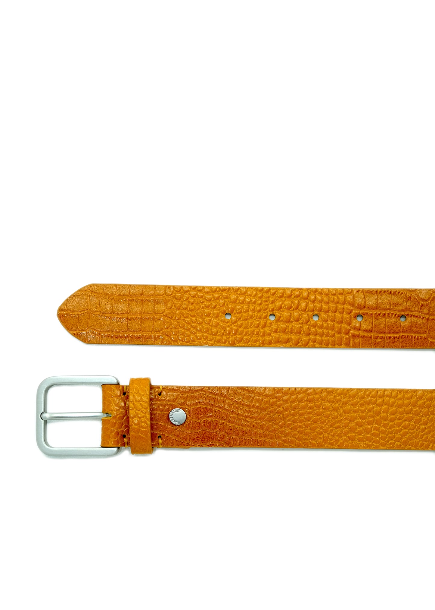 Top-down view of the yellow alligator-embossed Mississippi Belt with a silver metal buckle and detailed texture.