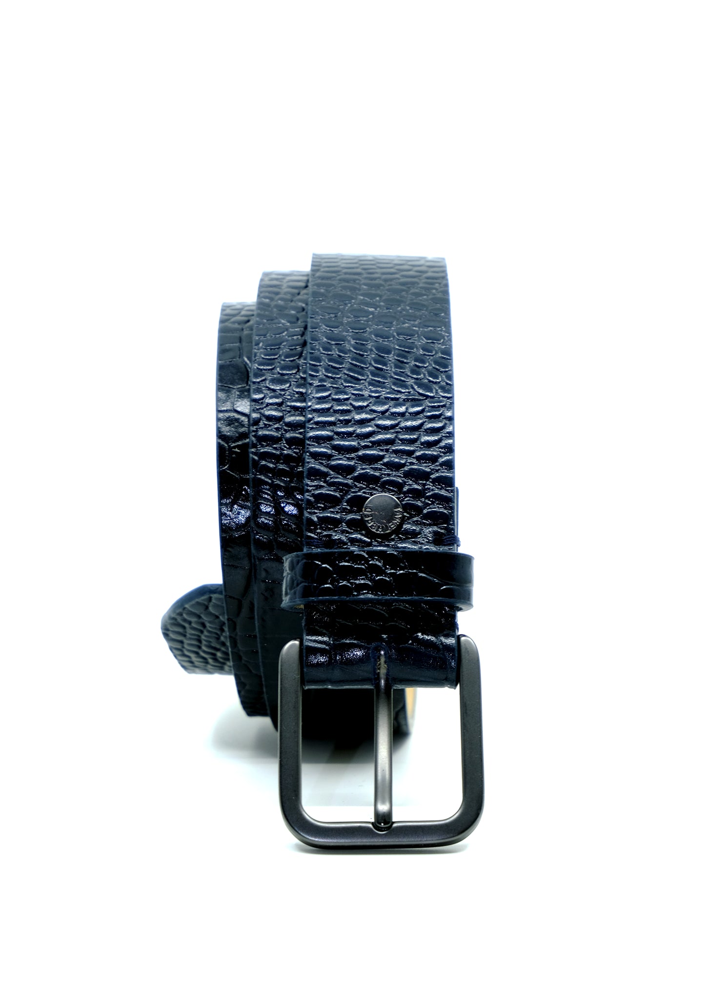 Vertical profile of coiled navy Mississippi Belt featuring alligator-embossed leather and a matte black buckle.