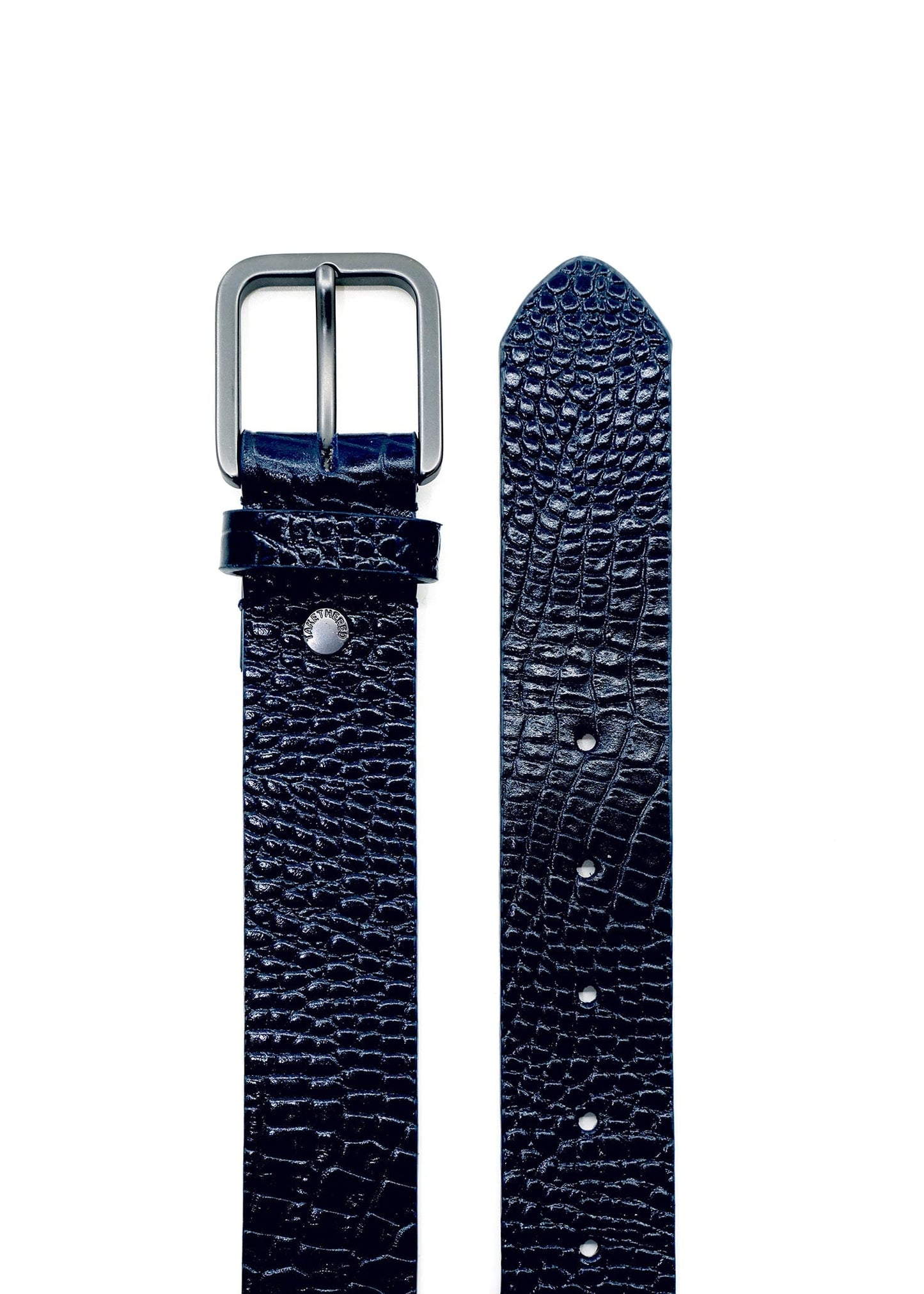 : Top-down view of navy alligator-embossed Mississippi Belt showing the matte black buckle and detailed texture.