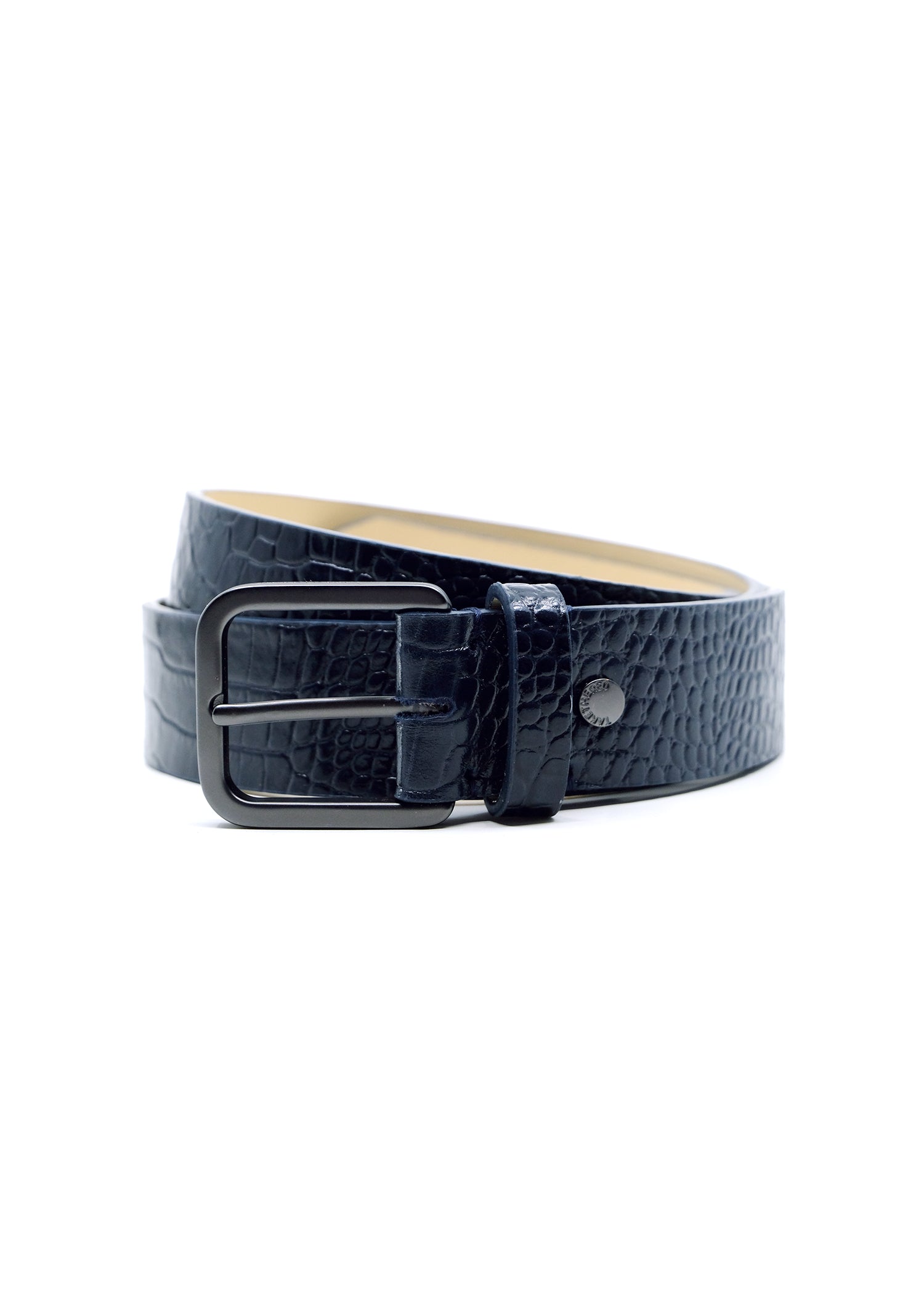 Coiled Big Blue Mississippi Belt in navy crocodile-embossed leather with a matte black buckle and matching stitching.