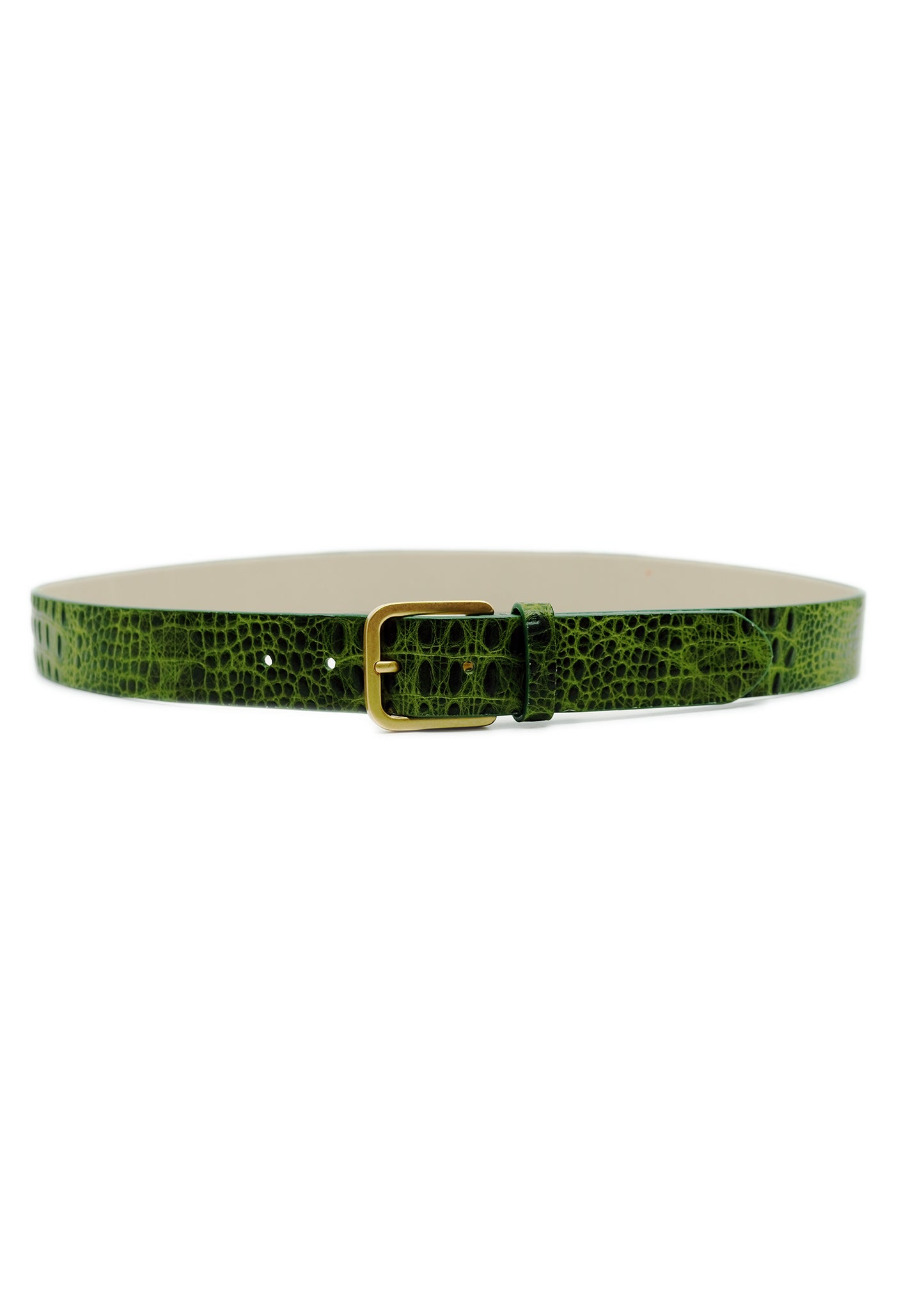 Horizontal view of the alligator-embossed Atomic Green Mississippi Belt with a gold metal buckle and cream interior.