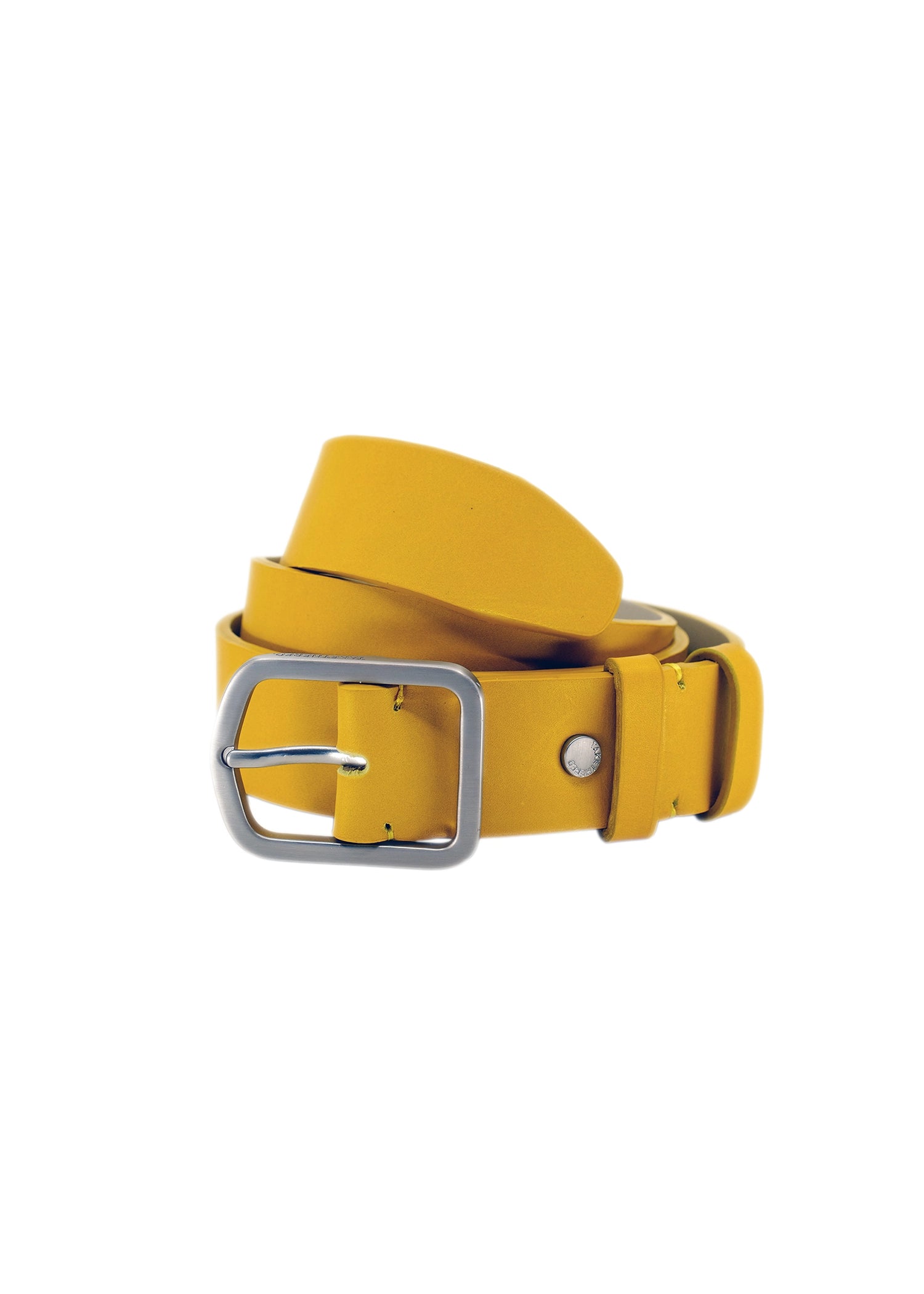 Coiled Classic Submarine Yellow smooth leather belt with a weathered silver buckle and matching yellow leather loop.