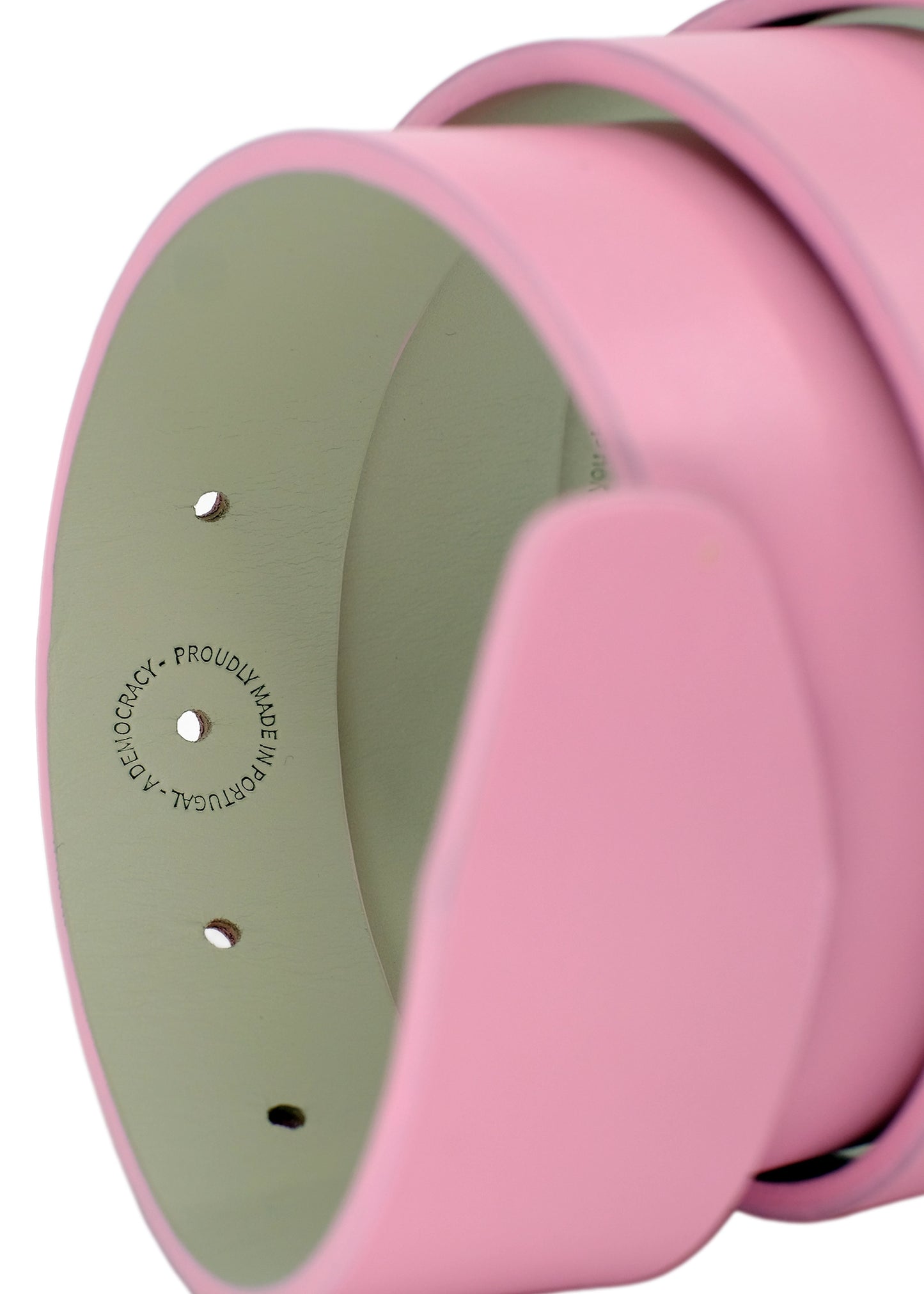 Interior view of Barbie Pink belt with "Proudly Made in Portugal - A Democracy" stamp on light light leather.