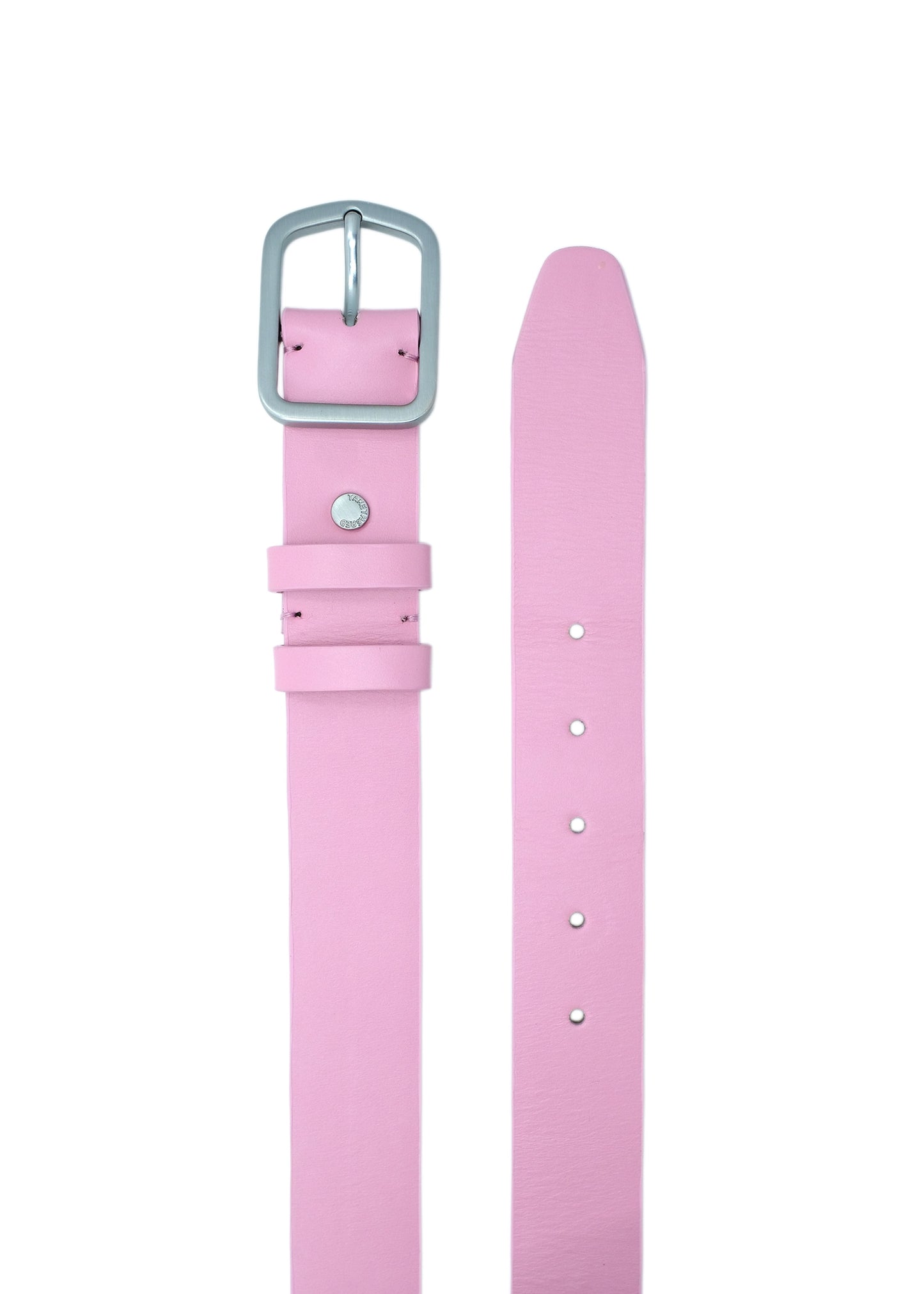 Top-down view of Classic Barbie Pink smooth leather belt with a weathered silver buckle and double leather loops.