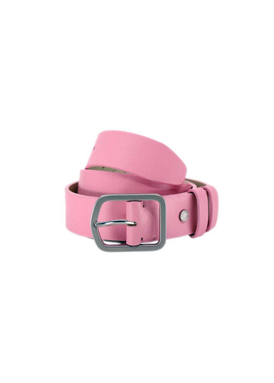 Coiled Classic Barbie Pink smooth leather belt with a weathered silver buckle and matching pink leather loop.