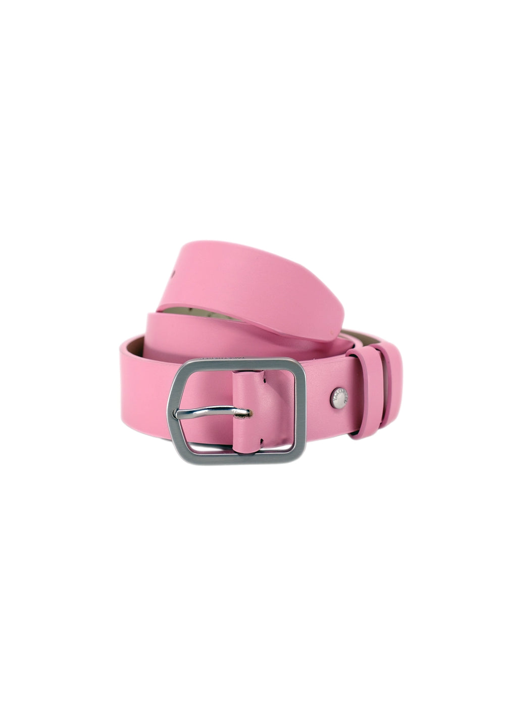 Coiled Classic Barbie Pink smooth leather belt with a weathered silver buckle and matching pink leather loop.