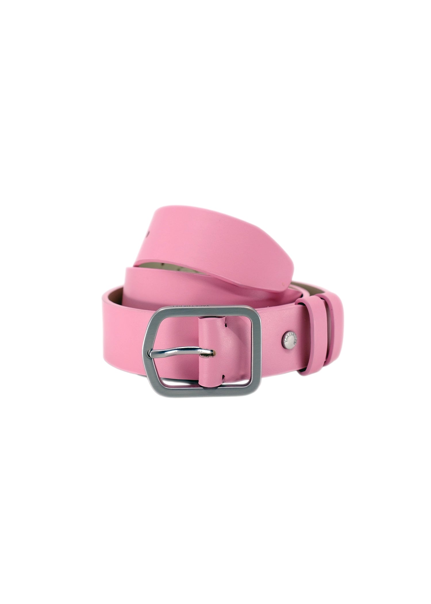 Coiled Classic Barbie Pink smooth leather belt with a weathered silver buckle and matching pink leather loop.