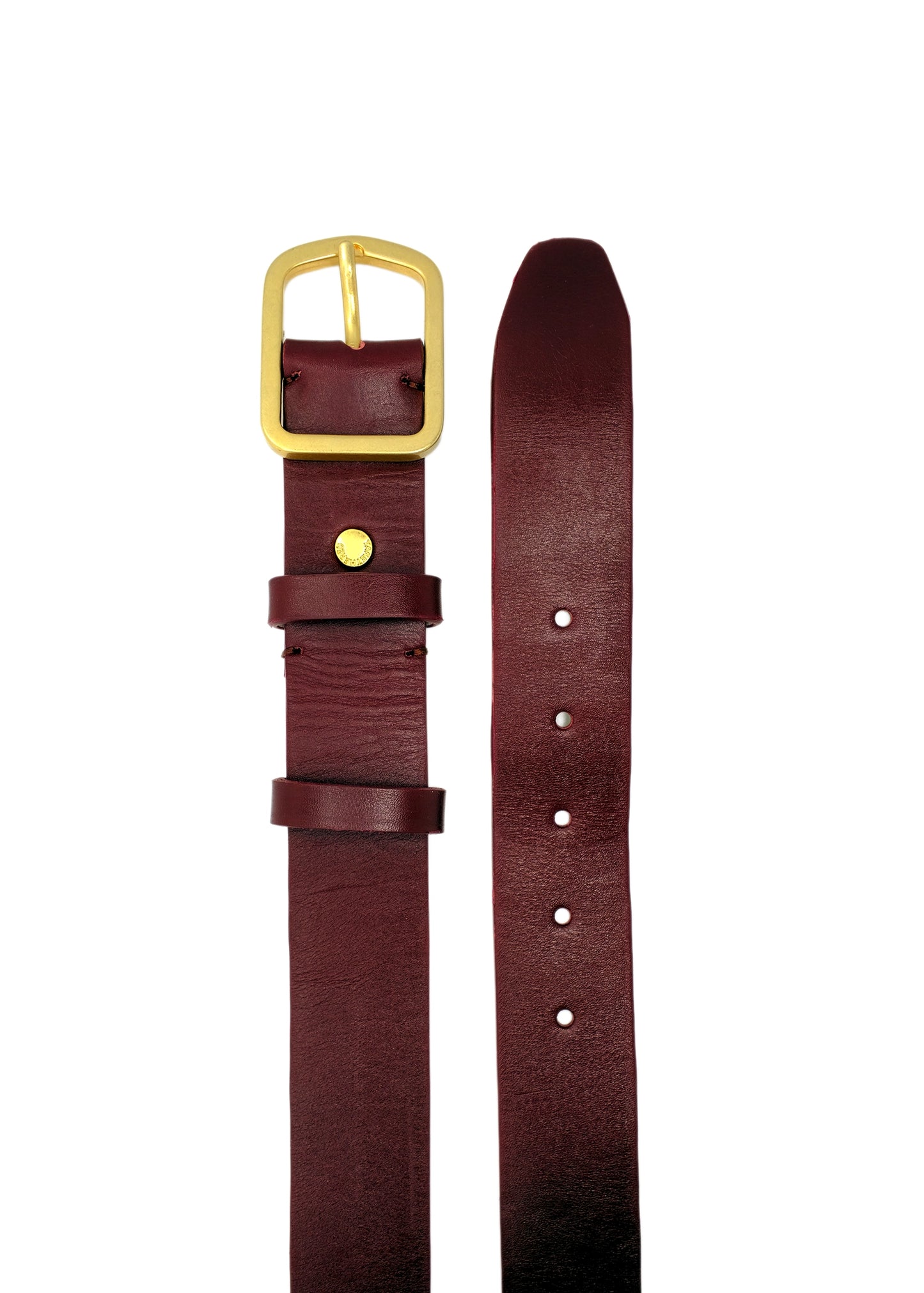 Top-down view of Classic Red Mist burgundy leather belt with a matte gold buckle and double leather loops.