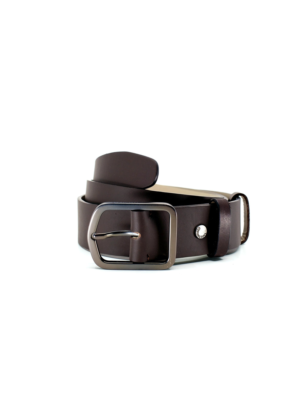 Coiled Classic Espresso smooth dark brown leather belt with a gunmetal buckle and matching leather loop.
