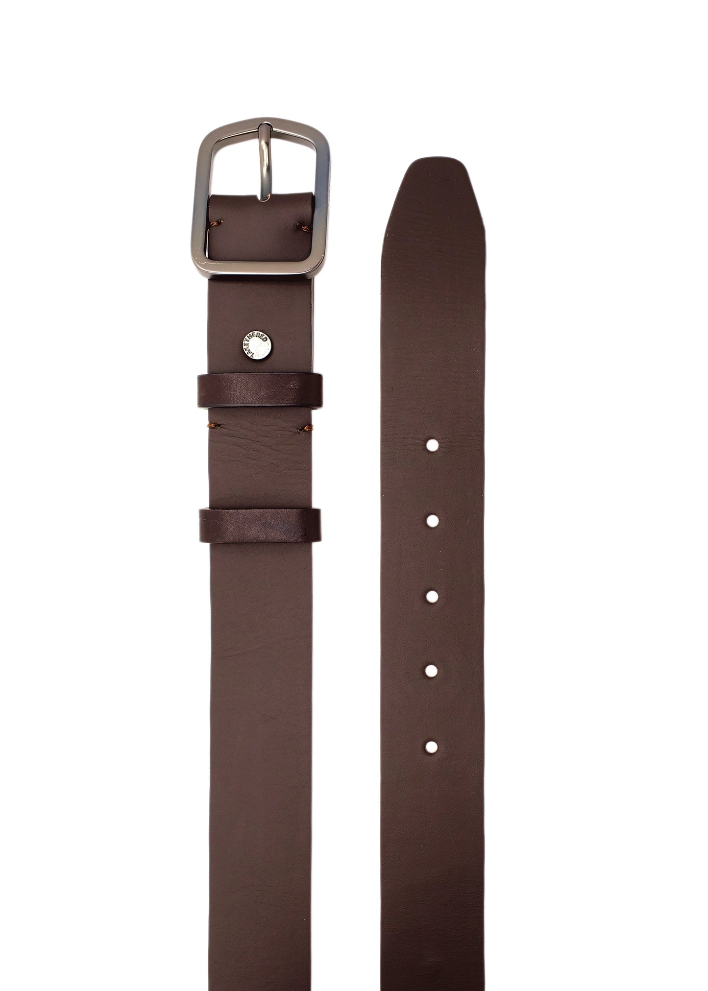 Top-down view of Classic Espresso smooth dark brown leather belt with a gunmetal buckle and double leather loops.