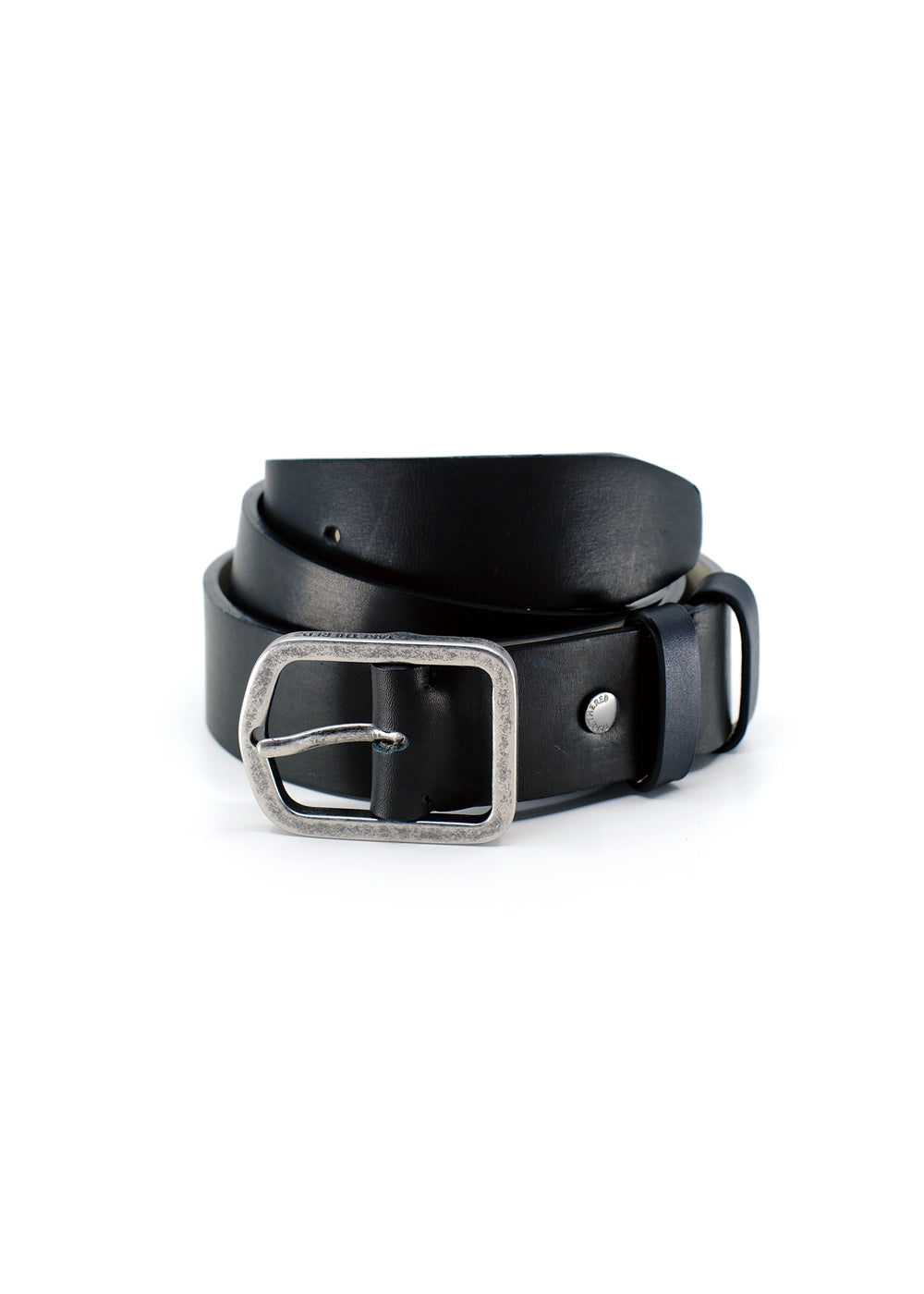 Coiled Classic Pitch Black smooth leather belt with a weathered silver buckle and matching black leather loop.