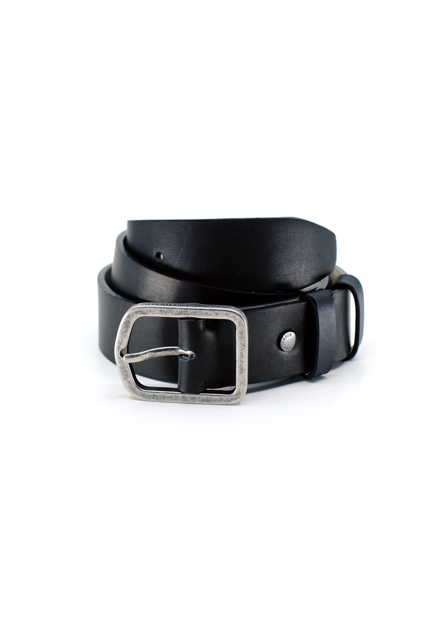 Coiled Classic Pitch Black smooth leather belt with a weathered silver buckle and matching black leather loop.
