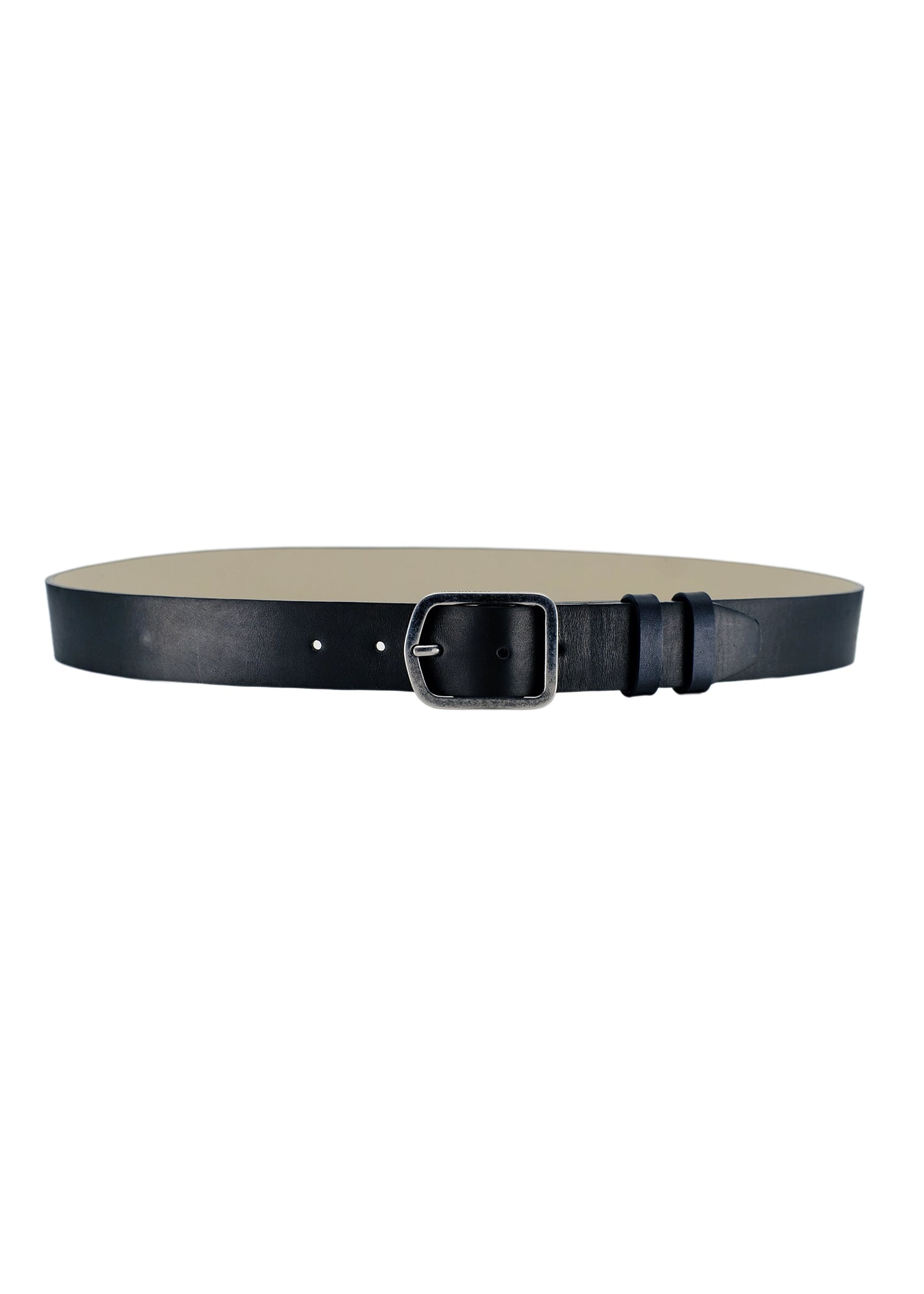 Horizontal view of Classic Pitch Black smooth leather belt with a weathered silver buckle and double leather loops.