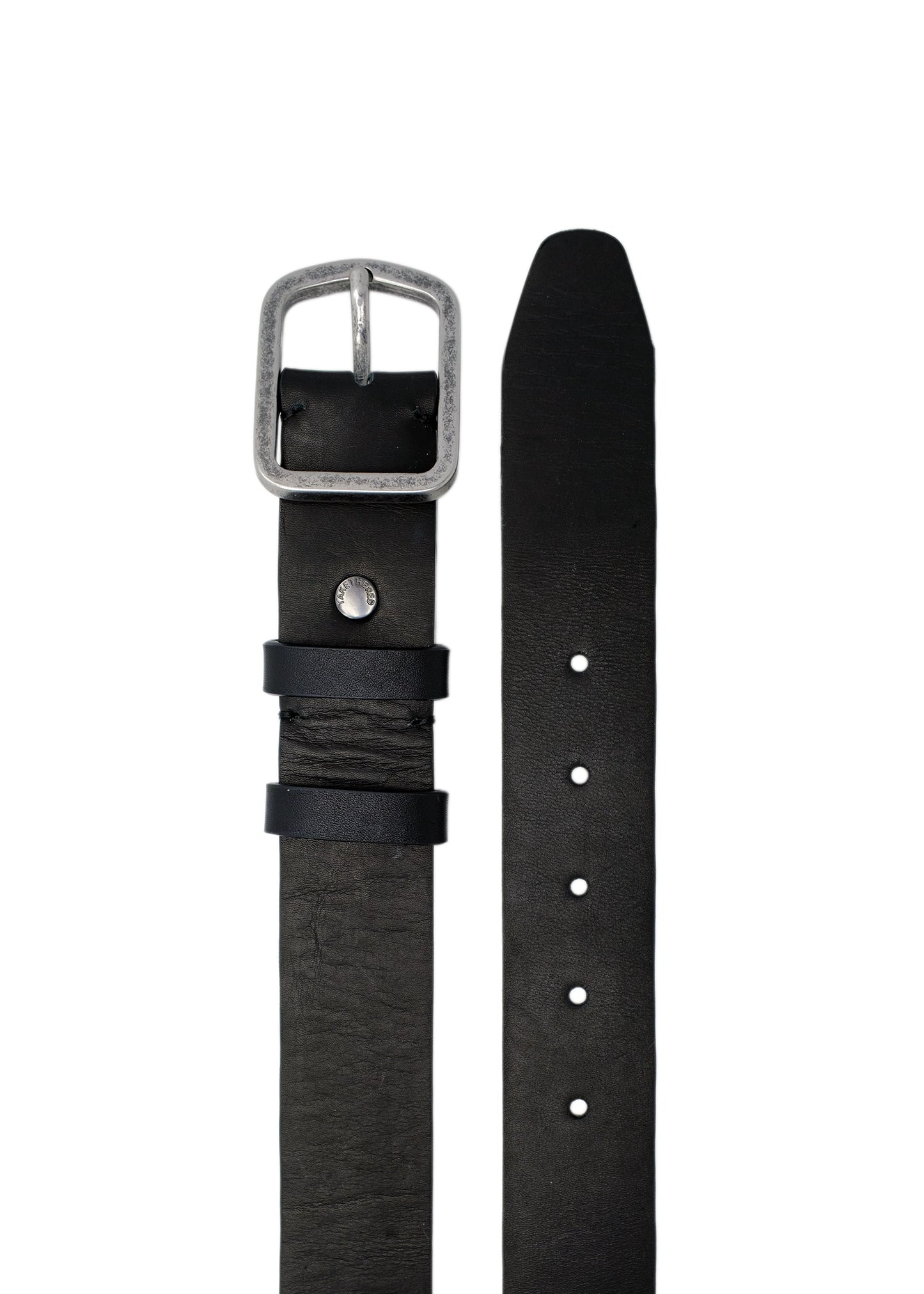 Top-down view of Classic Pitch Black smooth leather belt with a weathered silver buckle and double leather loops.