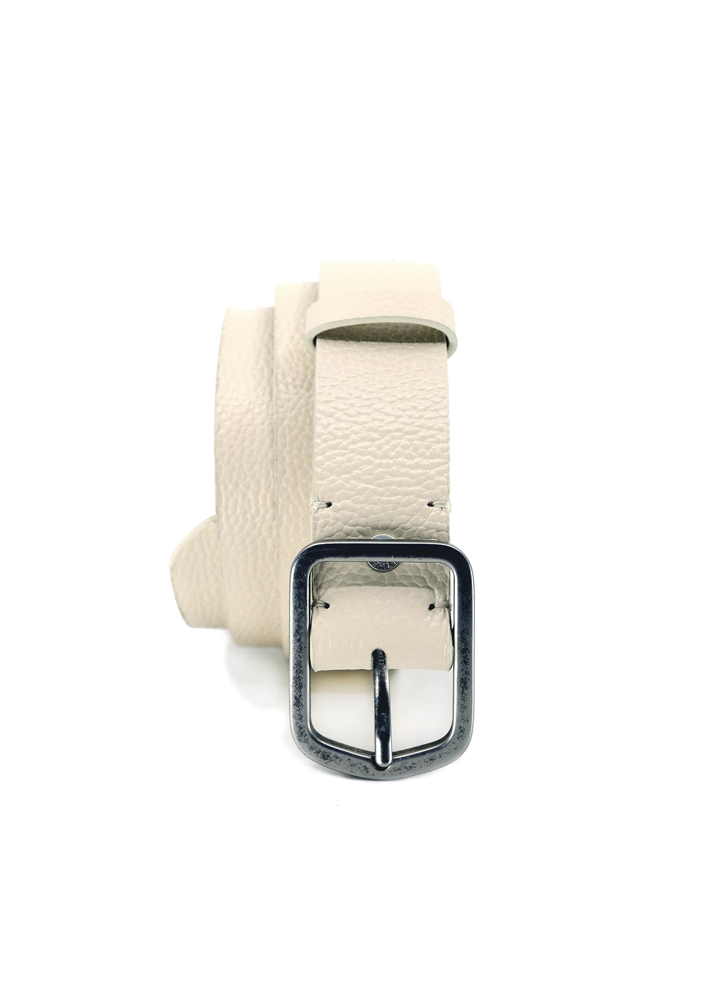 Vertical profile of coiled off-white Dusty Spring Grunge Belt in pebble-grain leather with a weathered silver buckle.