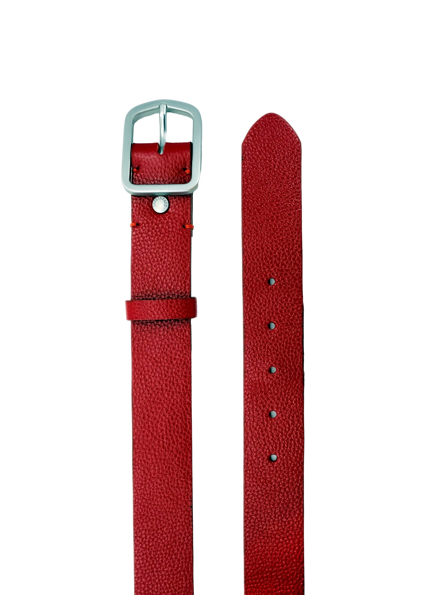 Top-down view of the deep red Blood Simple Grunge Belt featuring a weathered silver buckle and red reinforcement stitching.
