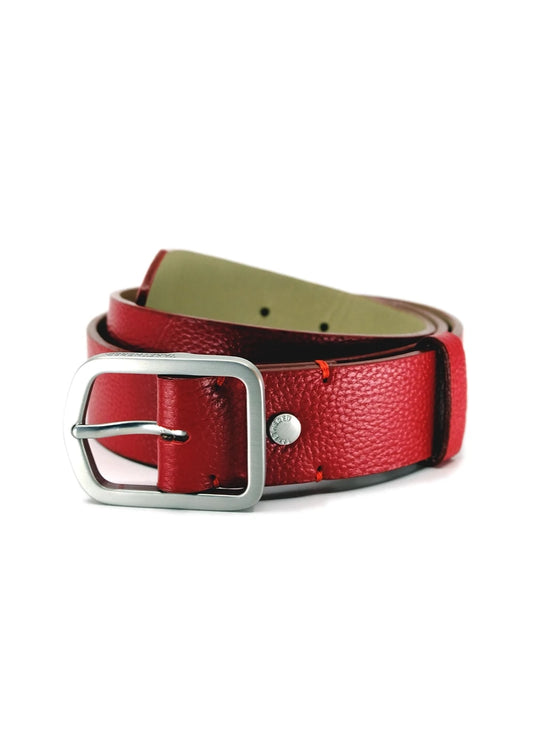 Coiled Blood Simple Grunge Belt in deep red pebble-grain leather with a weathered silver buckle and red stitching.
