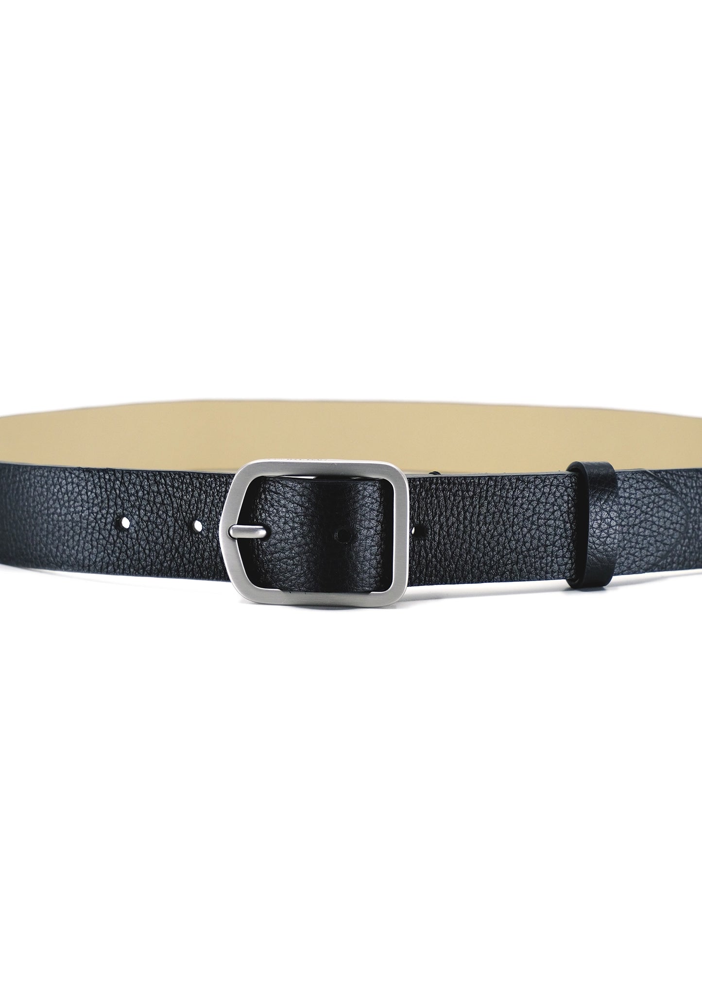 Close-up of the Pitch Black Grunge Belt in pebble-grain leather with a weathered silver buckle and a cream interior.