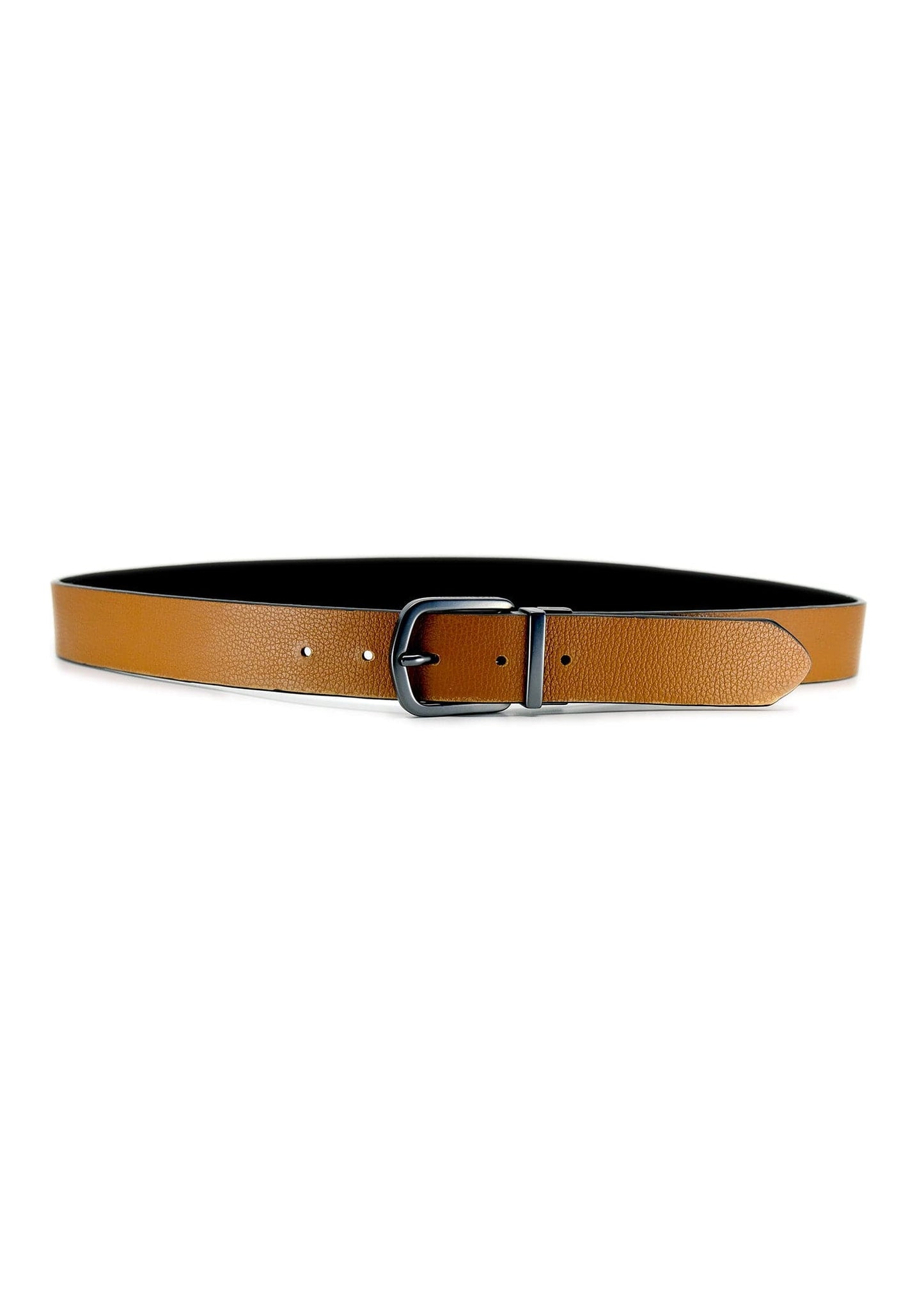 Horizontal view of the Two-Face Belt’s Smokey Cognac-grained leather side with a reversible matte black buckle.