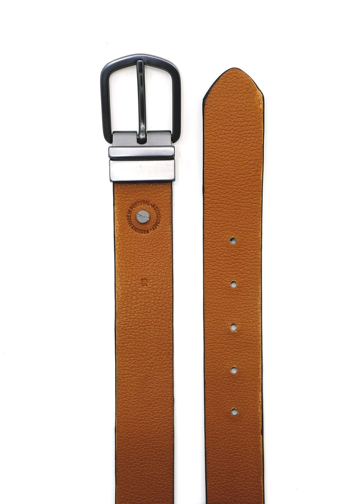 Top-down view of Two-Face Belt showing the Smokey Cognac-grained leather side with a reversible matte black buckle.