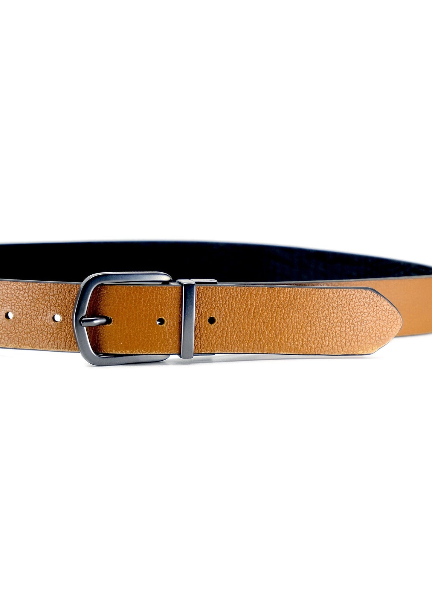 Close-up of Two-Face Belt showing the Smokey Cognac-grained leather side with a matte black reversible buckle.