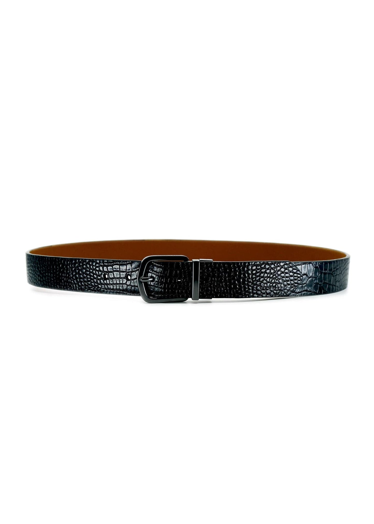 Horizontal view of the Pitch Black alligator-embossed Two-Face Belt with a reversible matte black buckle.