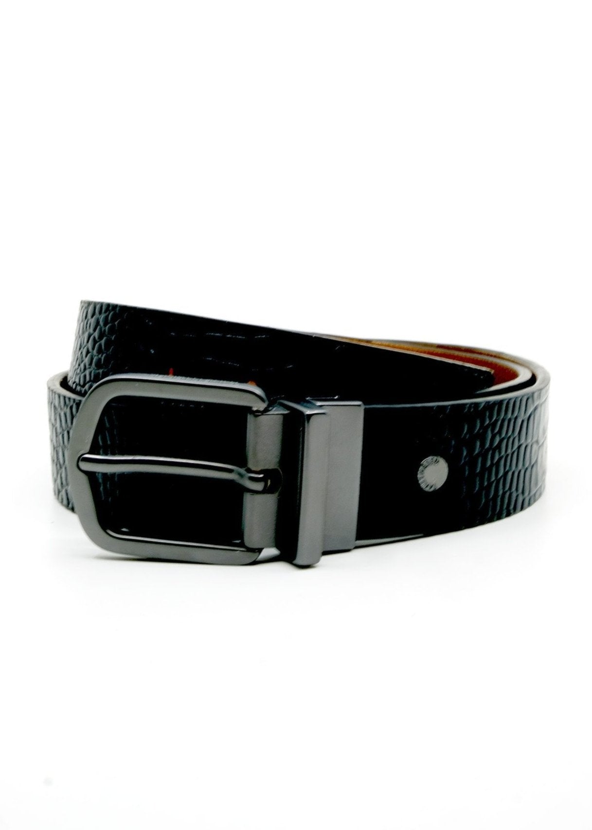 Coiled Two-Face Belt in Pitch Black alligator-embossed leather with a reversible matte black buckle.