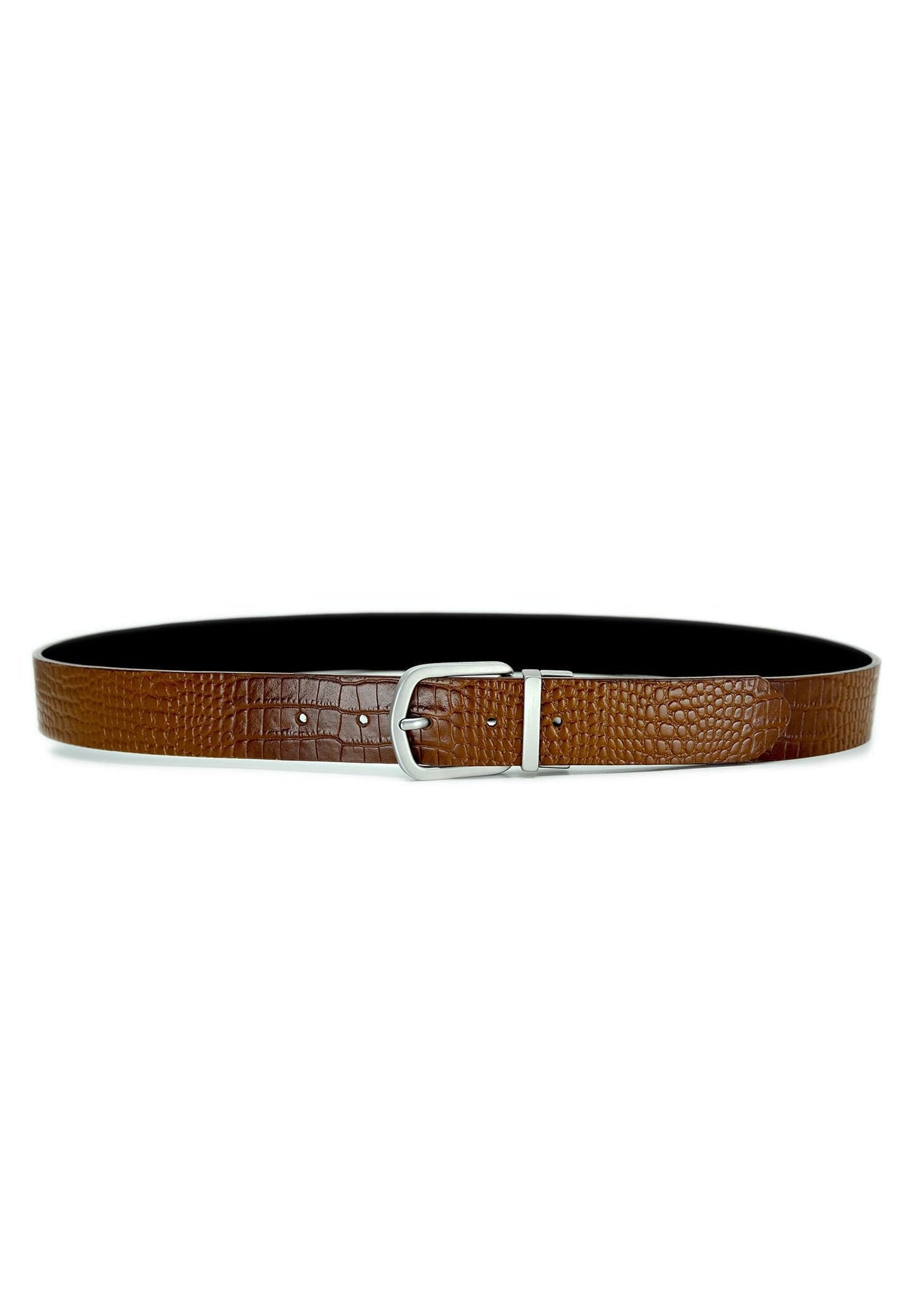Horizontal view of the Two-Face Belt in Smokey Cognac crocodile embossed leather with a reversible silver buckle.