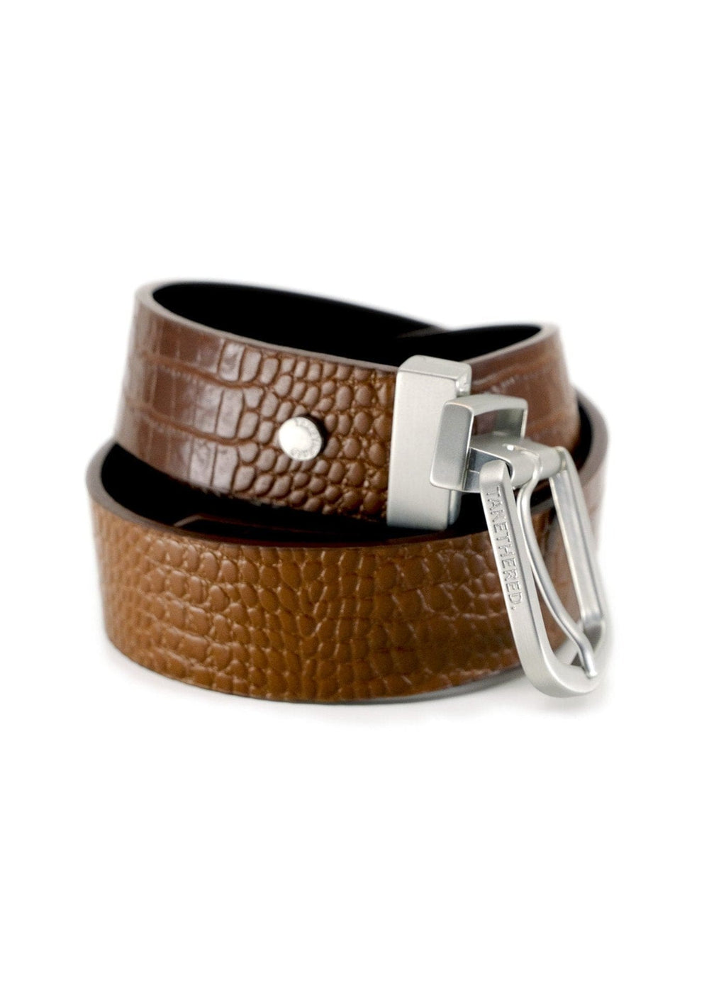 Coiled Two-Face Belt in Smokey Cognac crocodile embossed leather with a reversible silver buckle and black leather reverse.