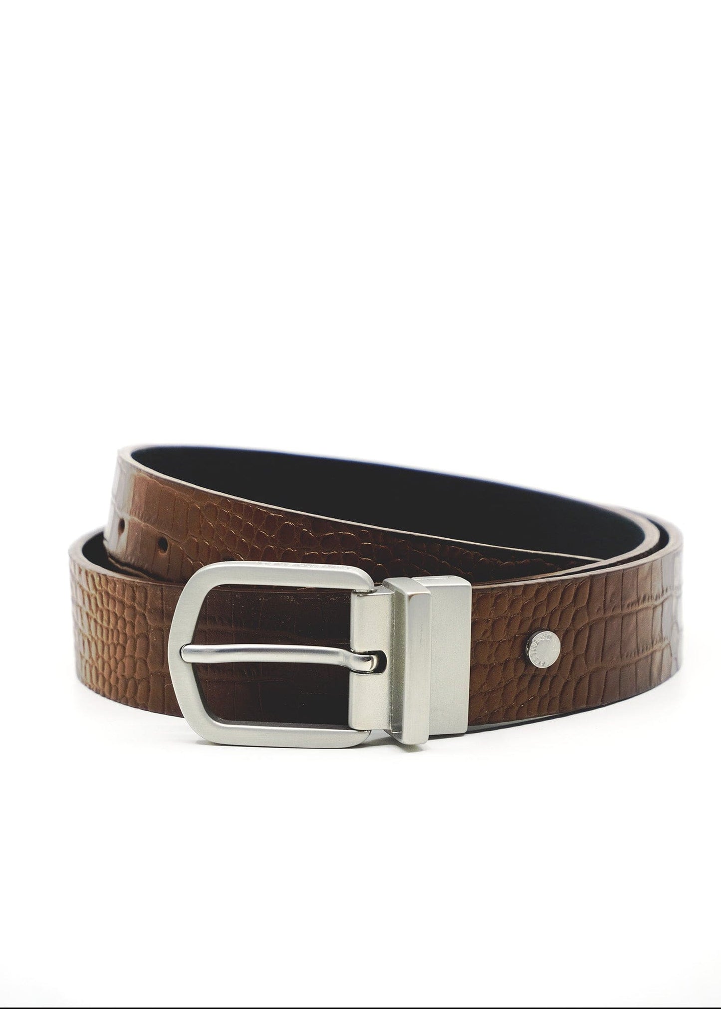 Coiled Two-Face Belt in Smokey Cognac crocodile leather with a reversible silver buckle and black leather interior visible.