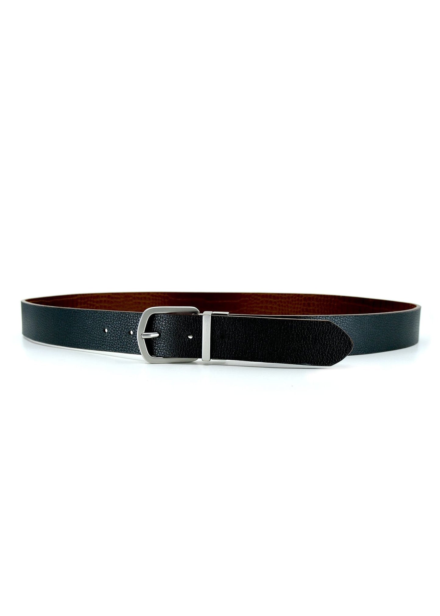 Horizontal view of the Two-Face Belt’s pitch black leather side with a reversible silver buckle.