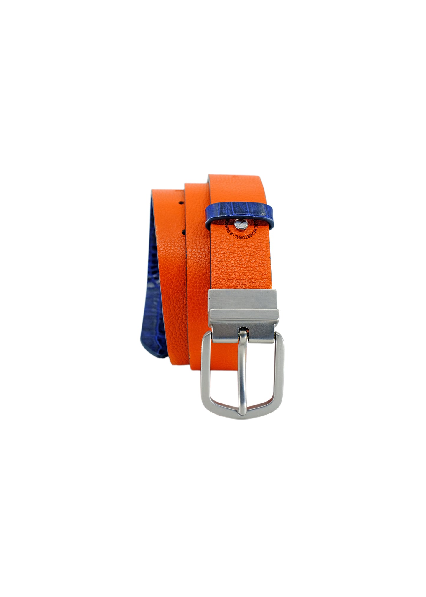 Vertical profile of the coiled Two-Face belt flipped to show the Orange leather side, with a silver-tone reversible swivel buckle.