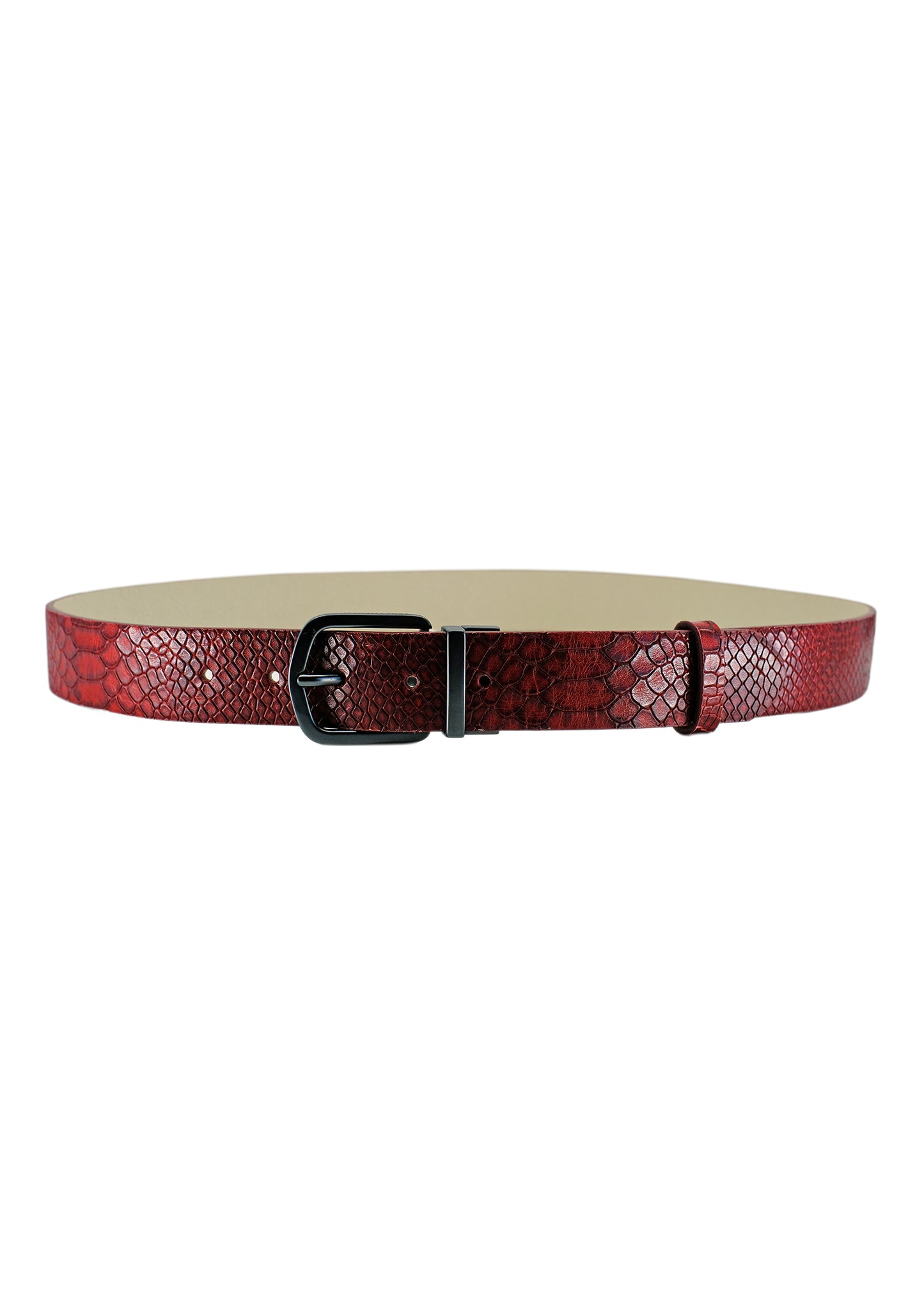 Full horizontal view of the Blood Simple snakeskin belt with its black buckle fastened, showcasing the rich red texture and clean silhouette.