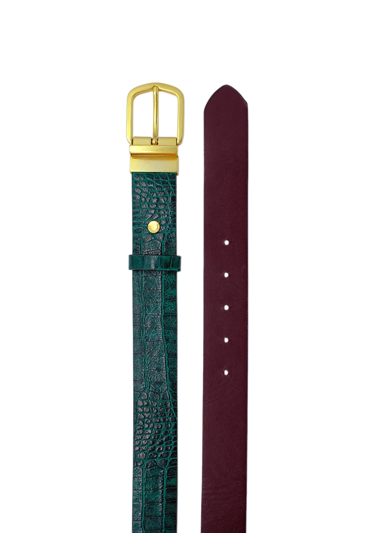 Top-down vertical display of the Two-Face belt, showcasing the Ruby Green crocodile embossed side next to the smooth, Red Mist leather side.