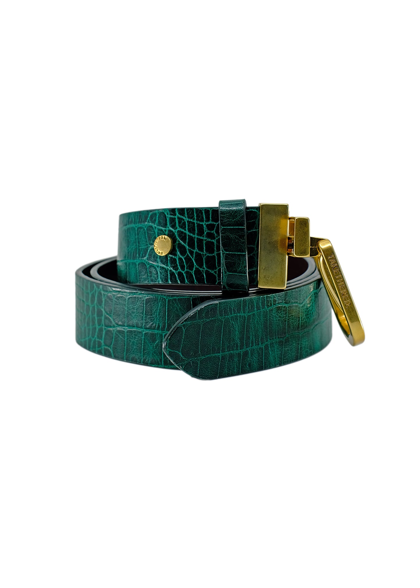 Coiled Two-Face belt in Ruby Green crocodile leather, featuring a close-up of the reversible gold buckle's swivel mechanism and branding.