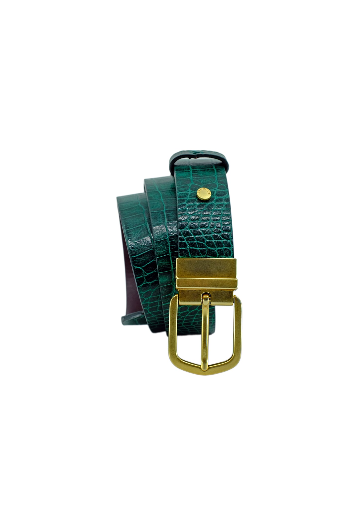 Vertical profile of the coiled Two-Face belt, showcasing the Ruby Green crocodile texture and the polished gold-tone reversible buckle.