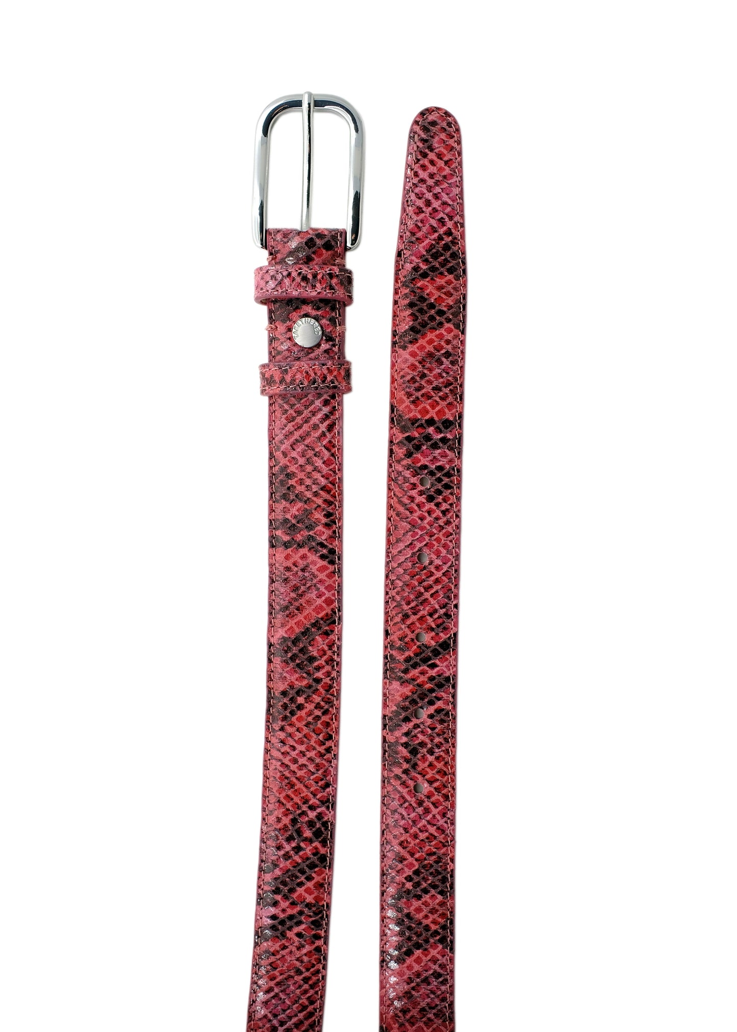 Vertical display of the Barbie Pink snakeskin leather belt, showcasing the silver buckle and vibrant snake pattern.