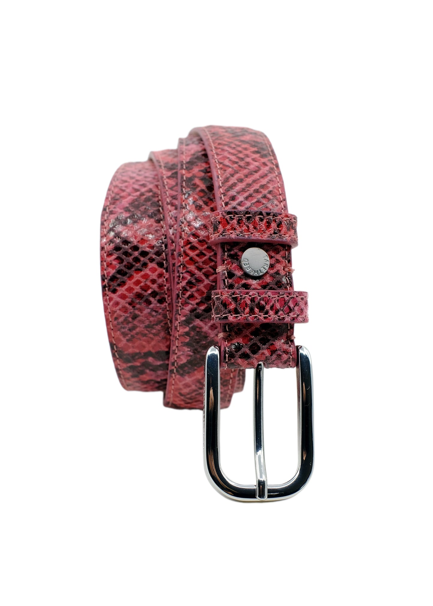 Vertical profile of the Barbie Pink snakeskin belt, coiled to show the silver buckle and snake texture.