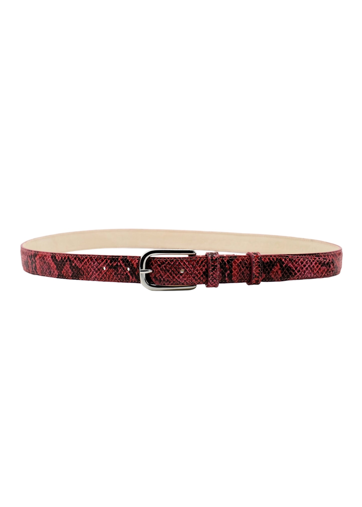 Horizontal profile of the Barbie Pink snakeskin belt, fully fastened to showcase the slim silhouette on a white background.