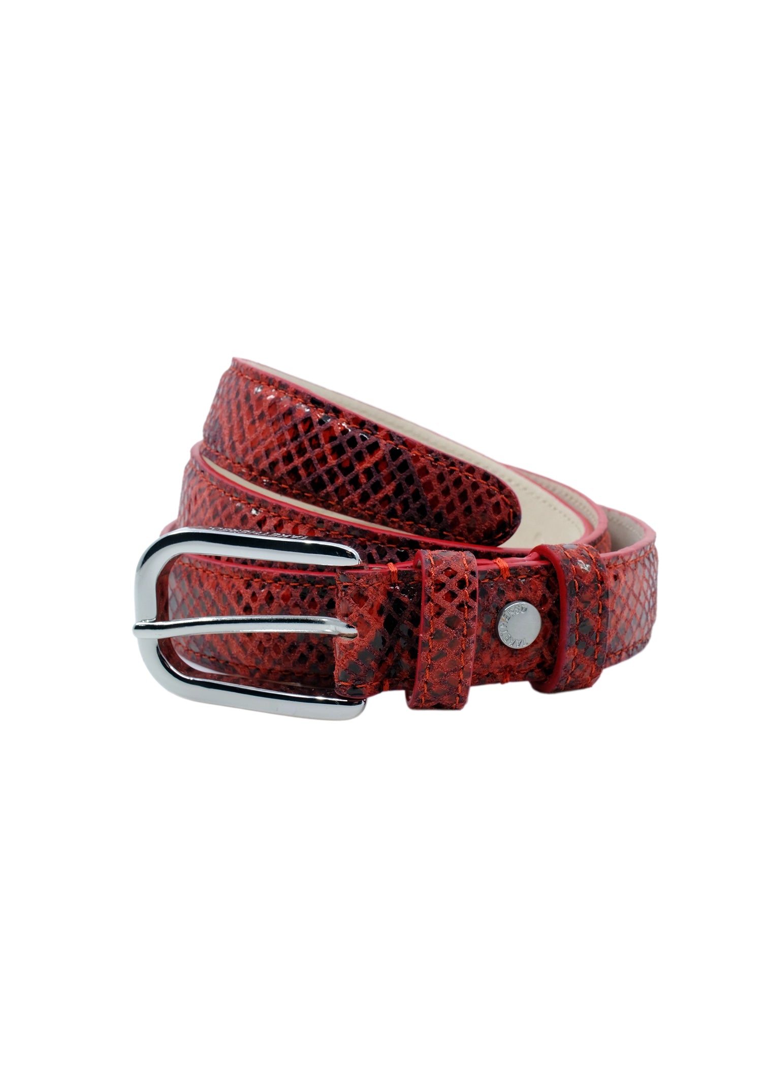Coiled Blood red snakeskin embossed leather belt with a silver buckle, isolated on a white background.