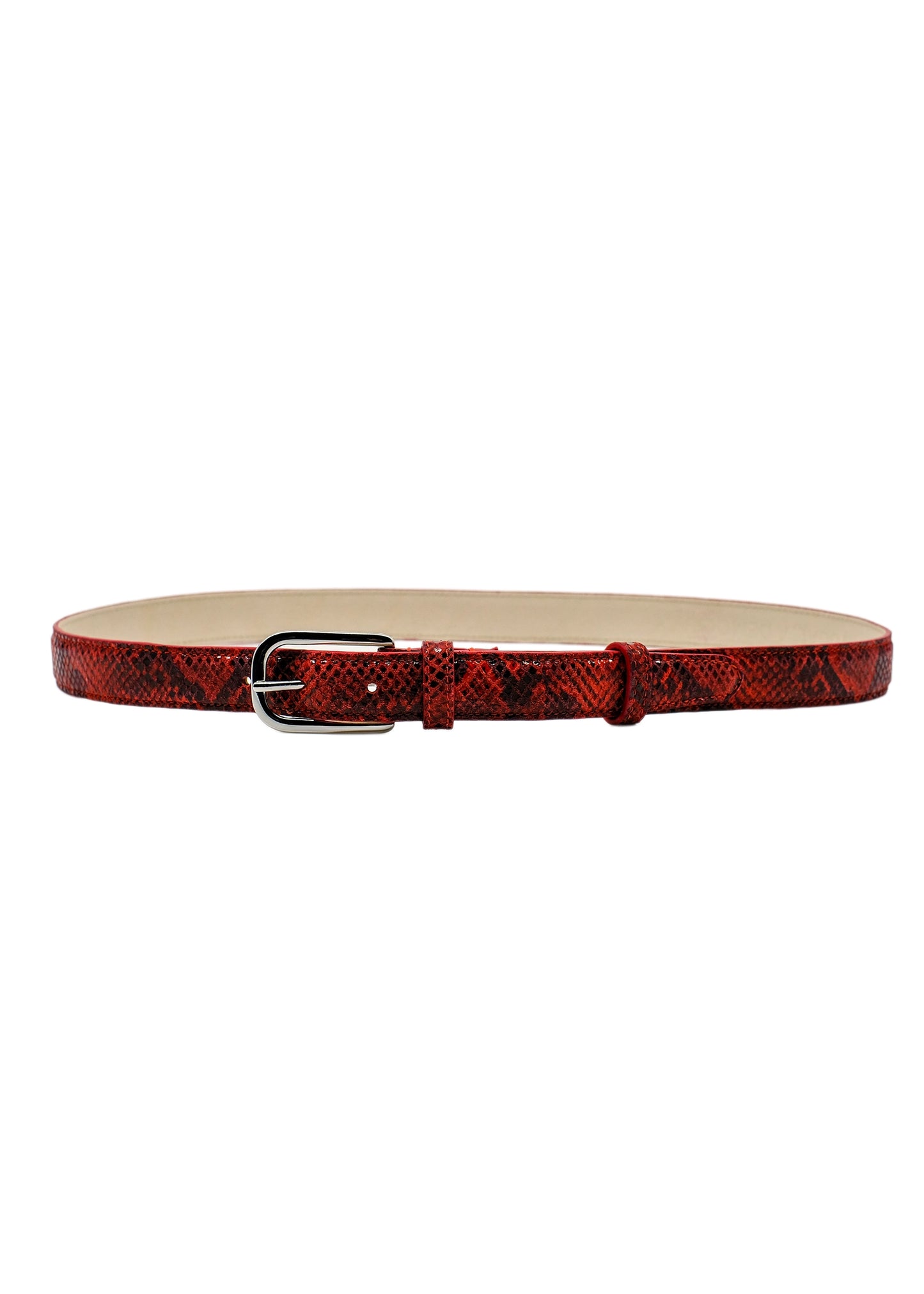 Blood red snakeskin belt fastened in a circular loop, featuring a classic silver buckle.