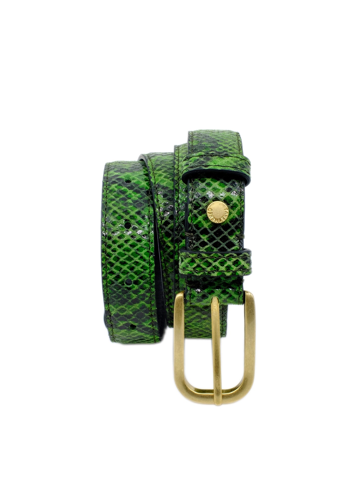 Vertical view of the Atomic Green snakeskin leather belt, coiled to display the golden buckle and vivid texture.