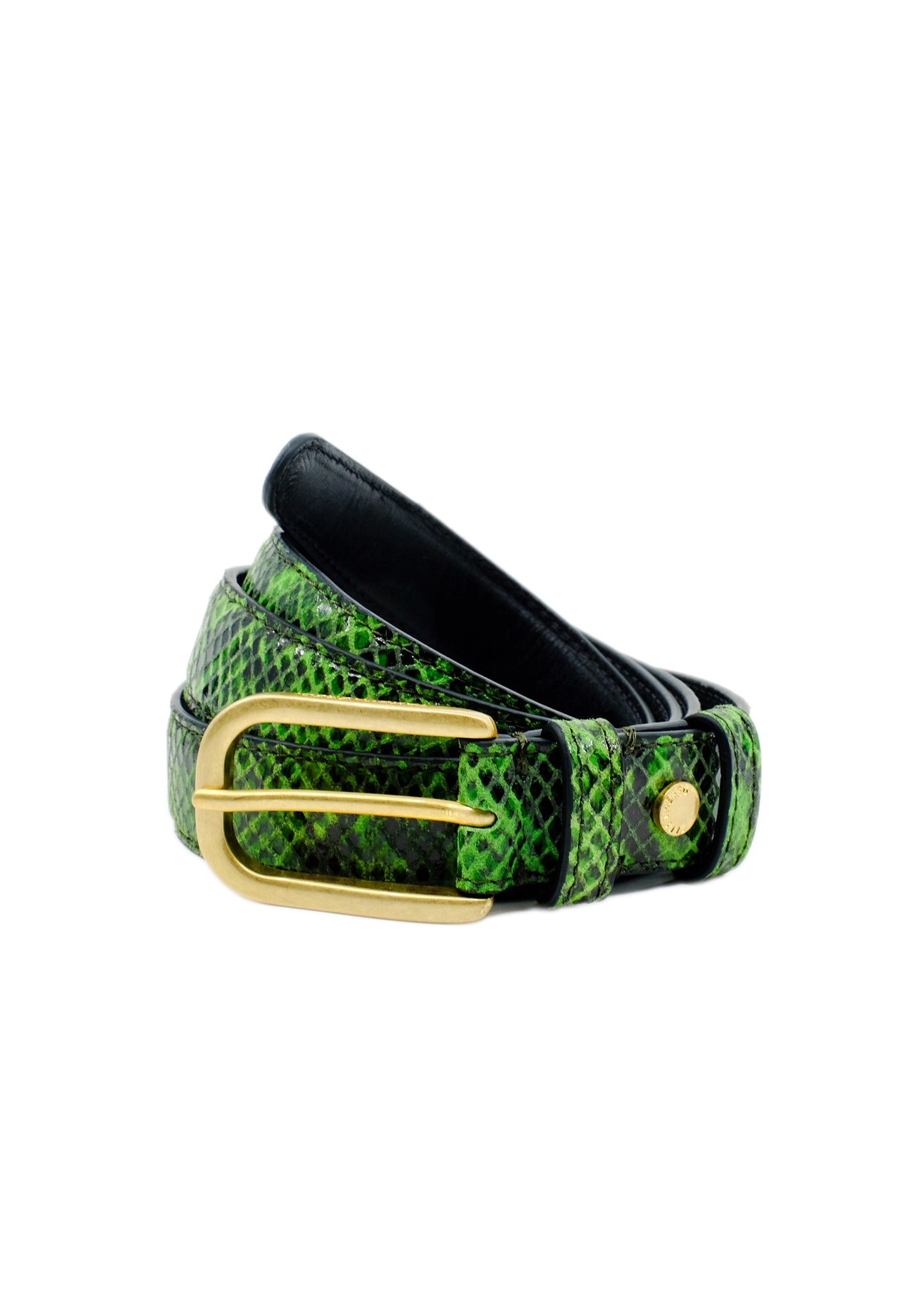 Coiled atomic green snakeskin embossed belt with a gold buckle, isolated on a white background.