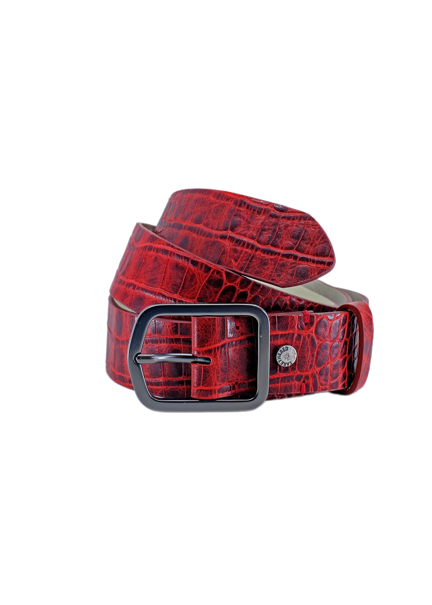 Coiled Pink Grape alligator embossed leather belt with a sleek black dull brass buckle, isolated on a white background.