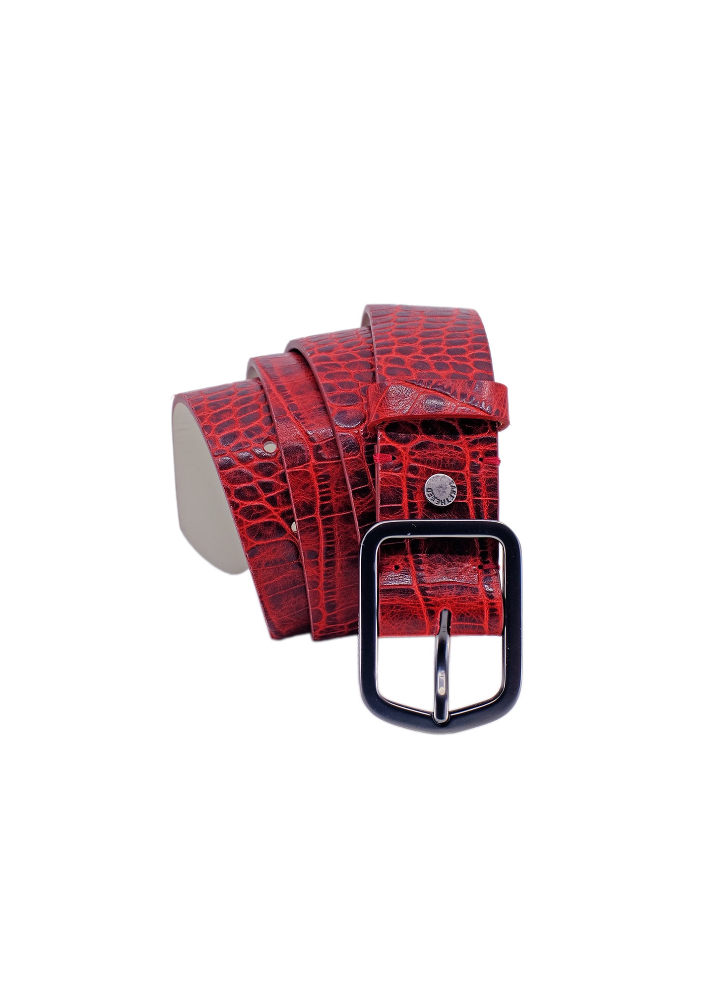 Vertical profile of the Pink Grape alligator embossed belt, coiled to showcase the sleek black dull brass buckle and snake texture.