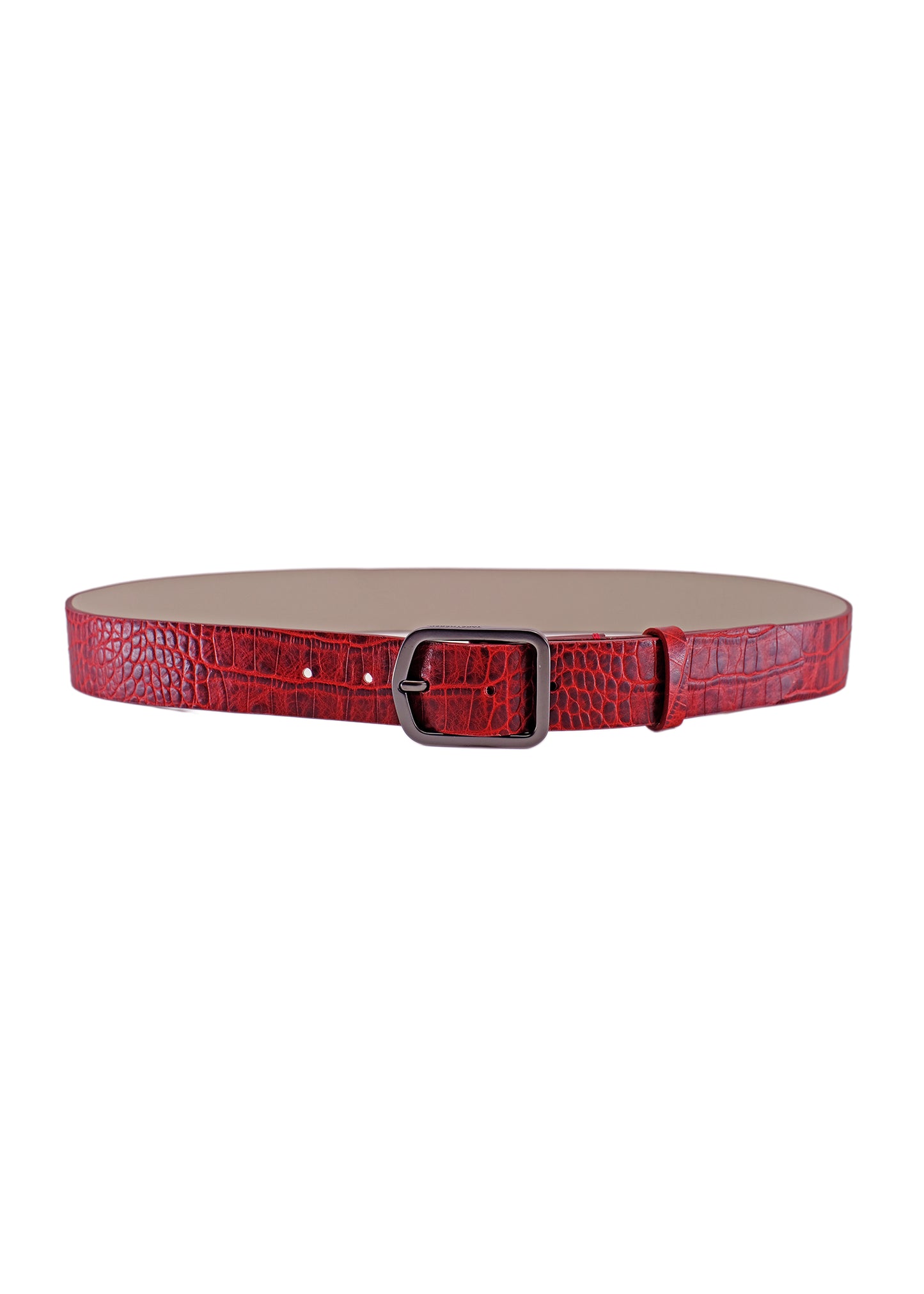 Full horizontal view of the Pink Grape alligator embossed belt, highlighting the vibrant purple-red leather and the modern black buckle.