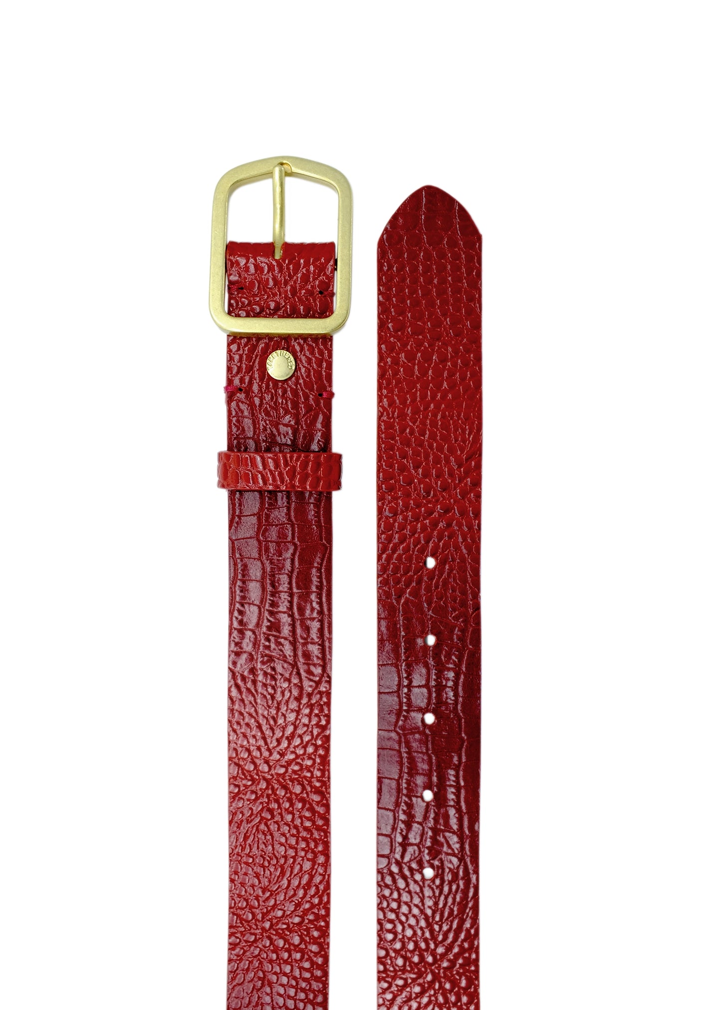 Top-down vertical display of the Dry Blood alligator embossed belt, showcasing the gold buckle and the glossy snake pattern.